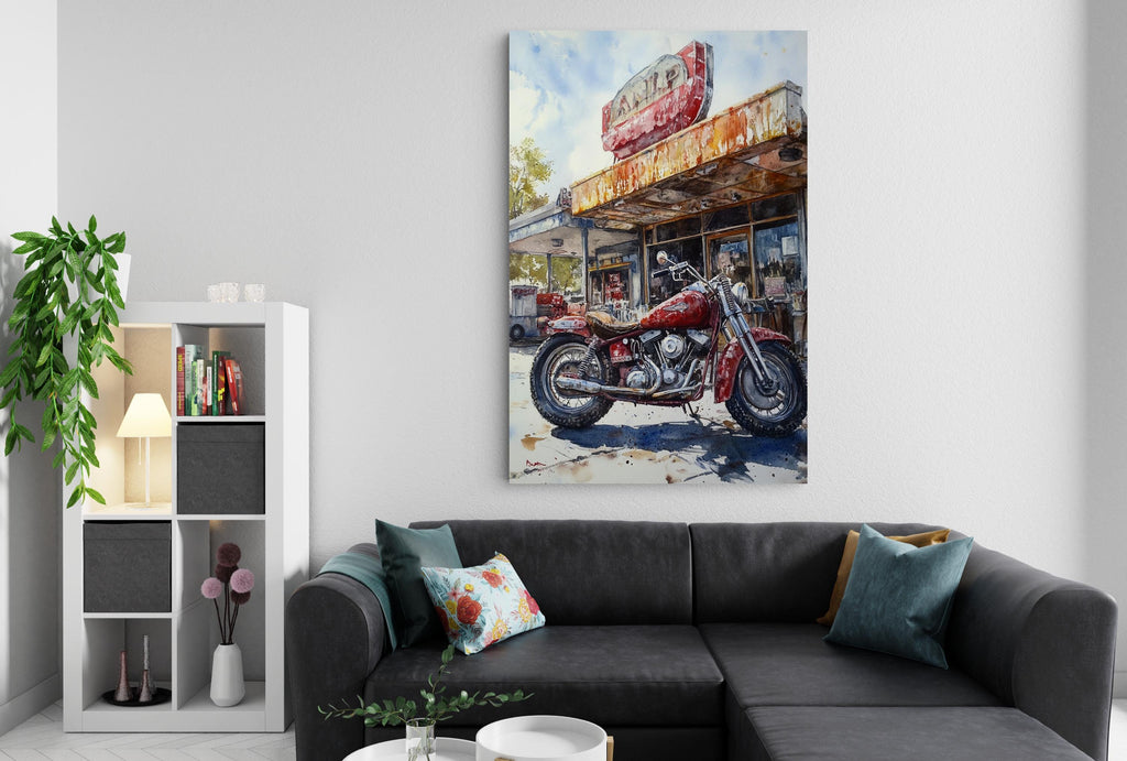 a large painting of a red motorcycle parked in front of a building with a sign that reads "AMB". The painting is hung on a white wall above a black couch, which is decorated with throw pillows and a vase of flowers.