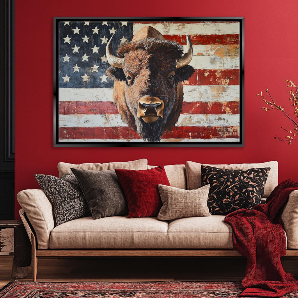 Patriotic Bison Canvas - Extra Large Framed Wall Art With American Flag
