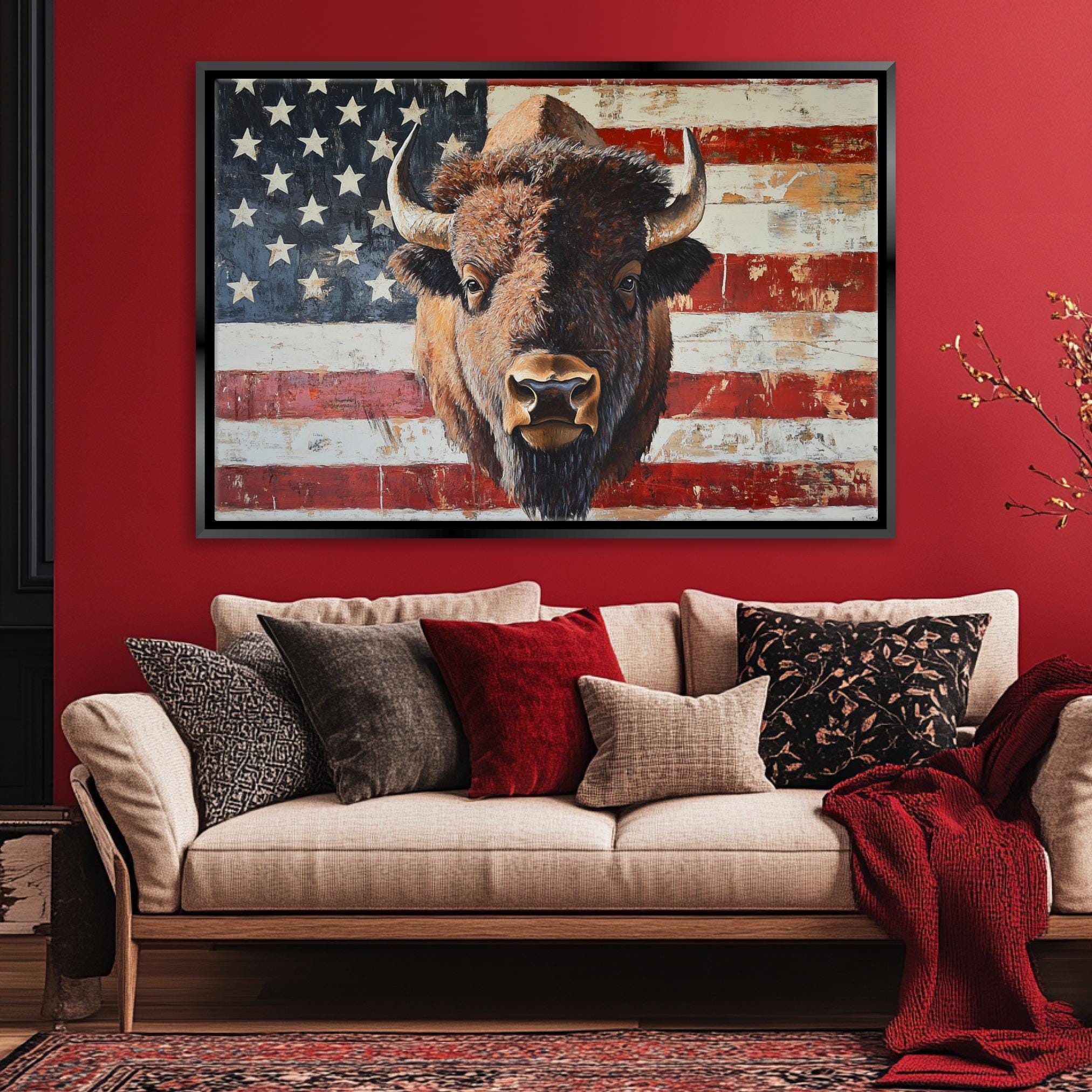 Patriotic Bison Canvas - Extra Large Framed Wall Art With American Flag