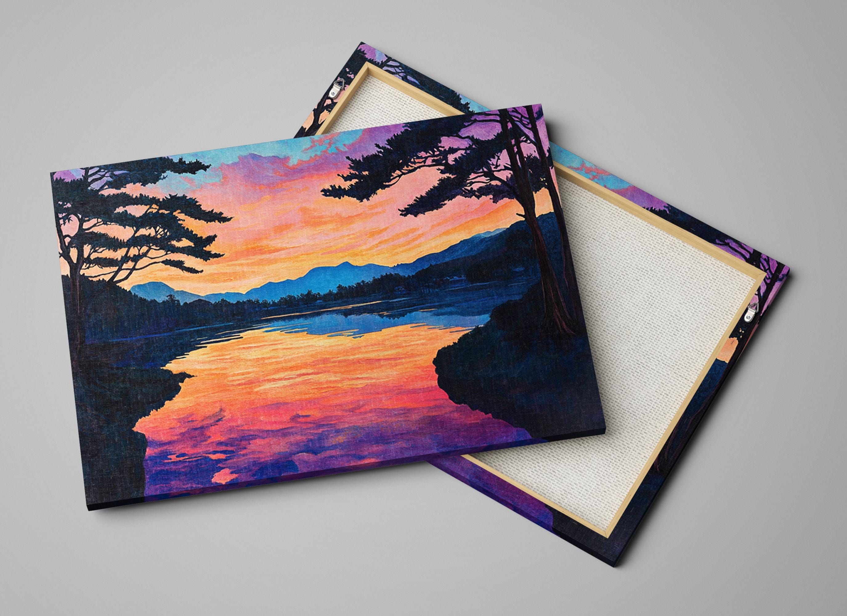 a couple of paintings of trees and a body of water