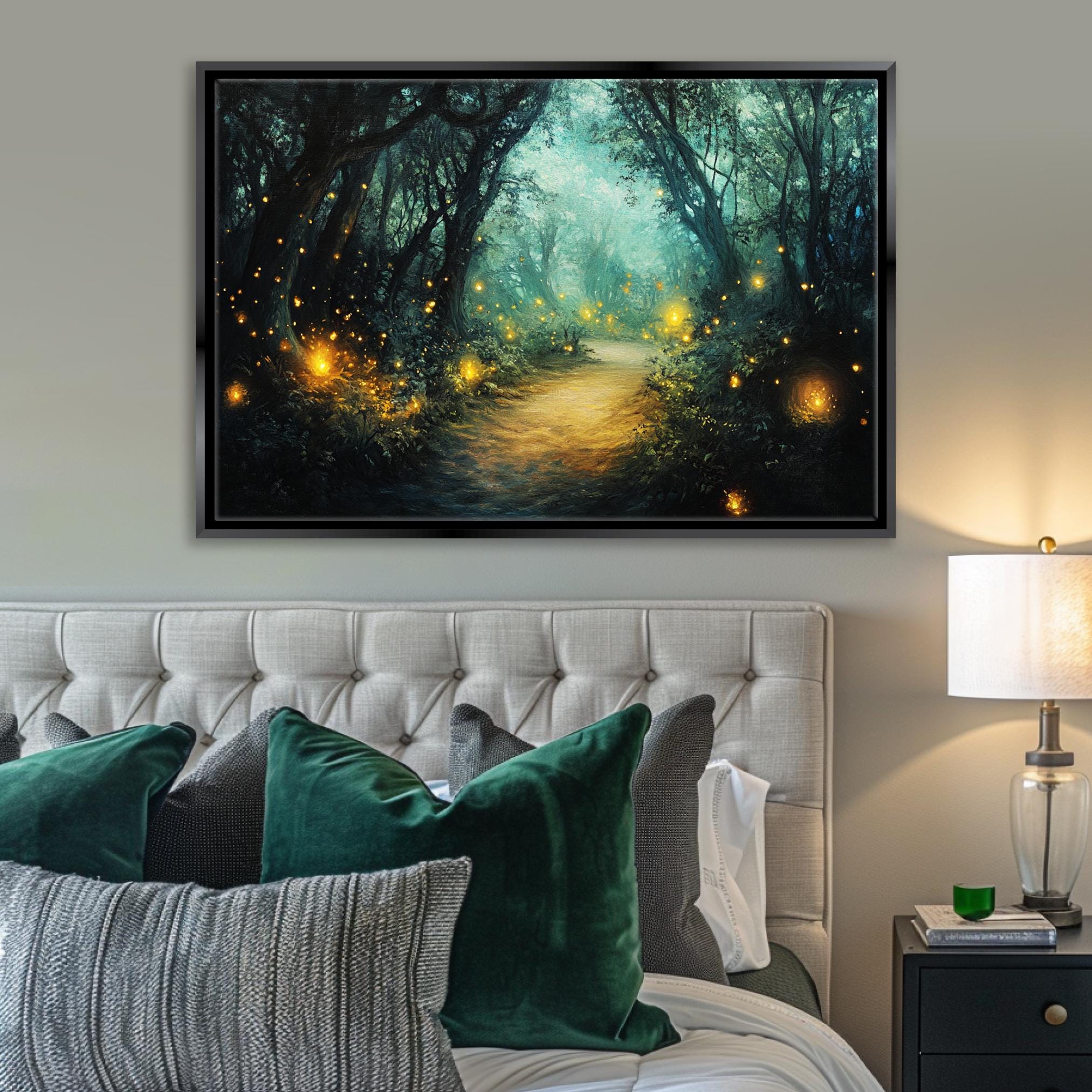 a bedroom with a bed and a painting on the wall