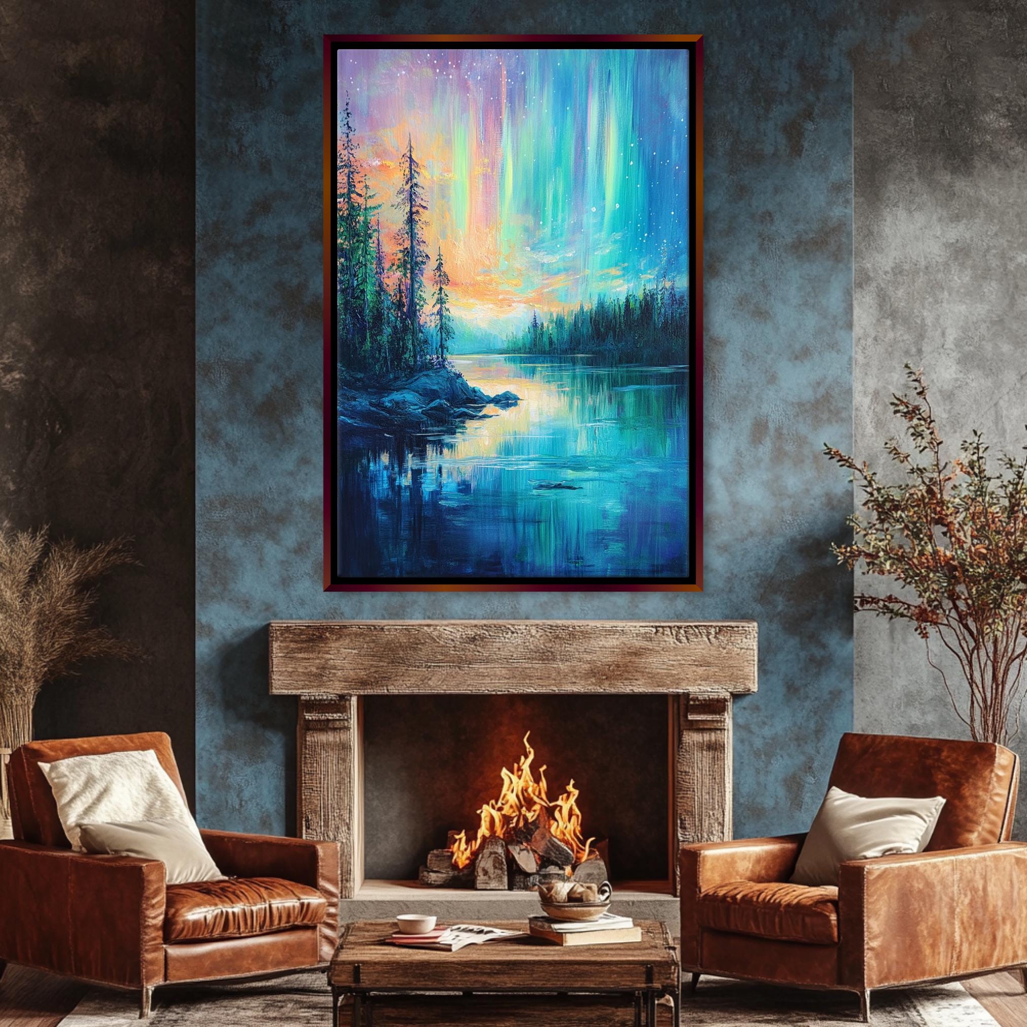a living room with a fire place and a painting on the wall