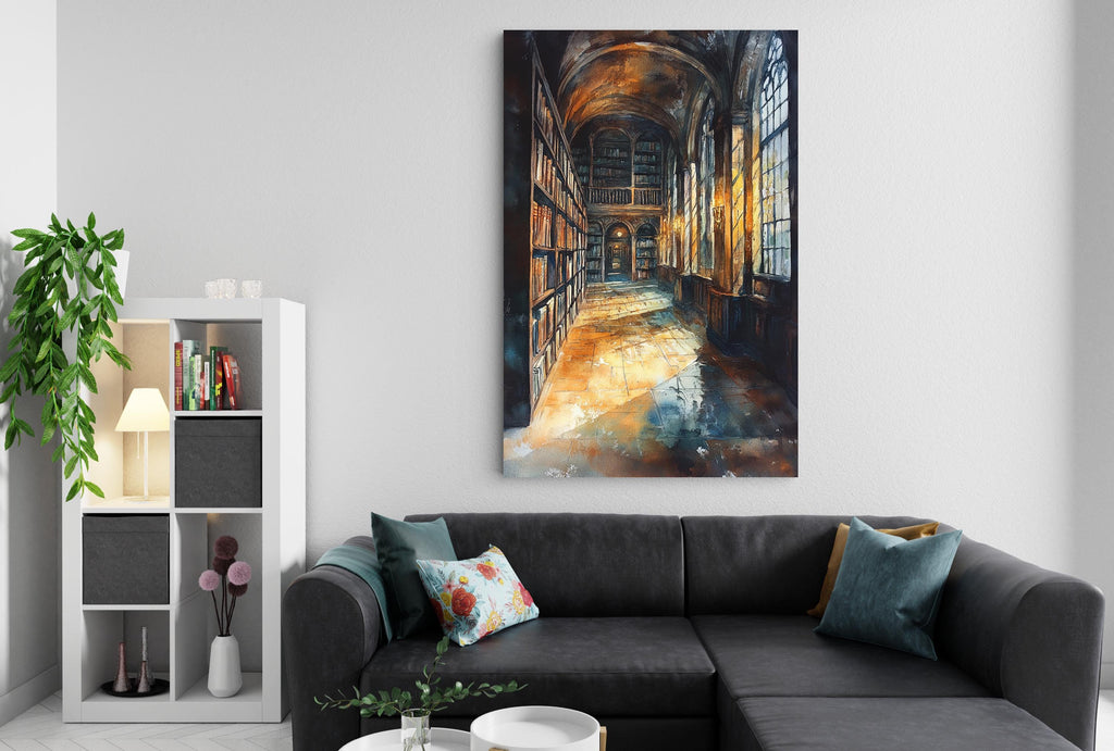 a cozy living room with a black sectional sofa, a bookshelf, and a large painting of a library or bookcase with a warm, inviting atmosphere.