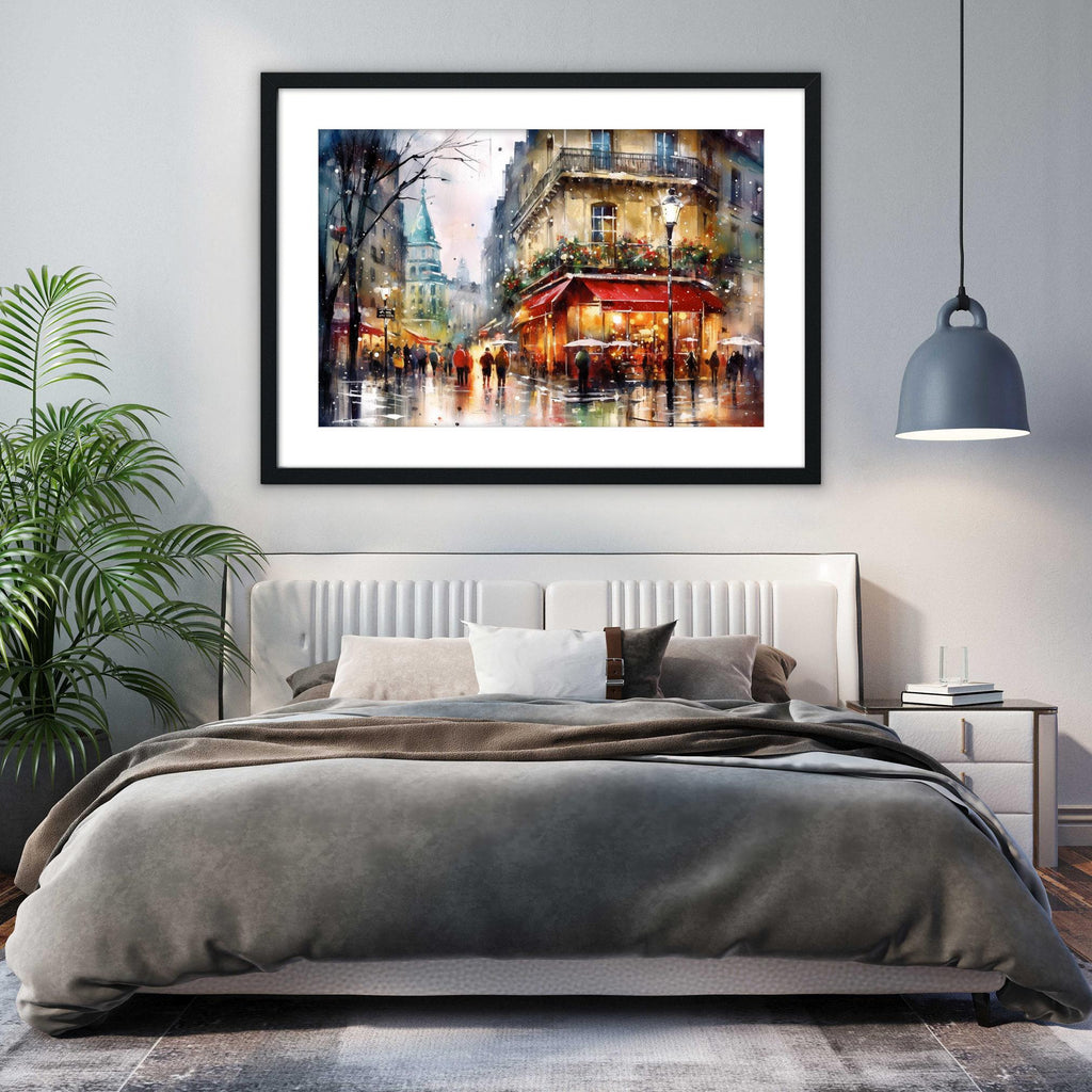 Christmas Watercolor Cityscape - Paris Holiday Wall Art, Print on Canvas, Artist Paper, Watercolor Paper, Available in Extra Large Sizes