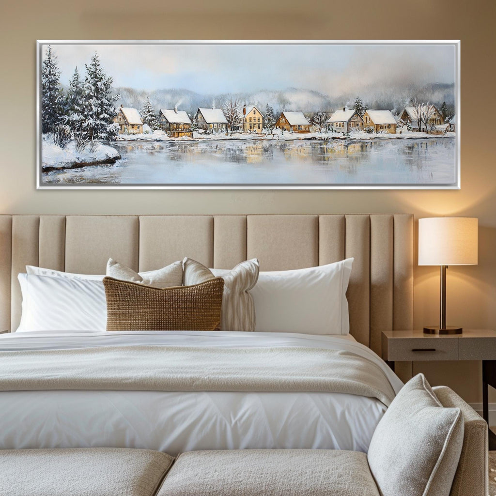 a bedroom with a large painting on the wall above the bed