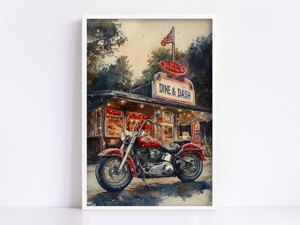 A red motorcycle parked in front of a diner named "Mels Diner & DASH", with a flagpole displaying an American flag above the diner.