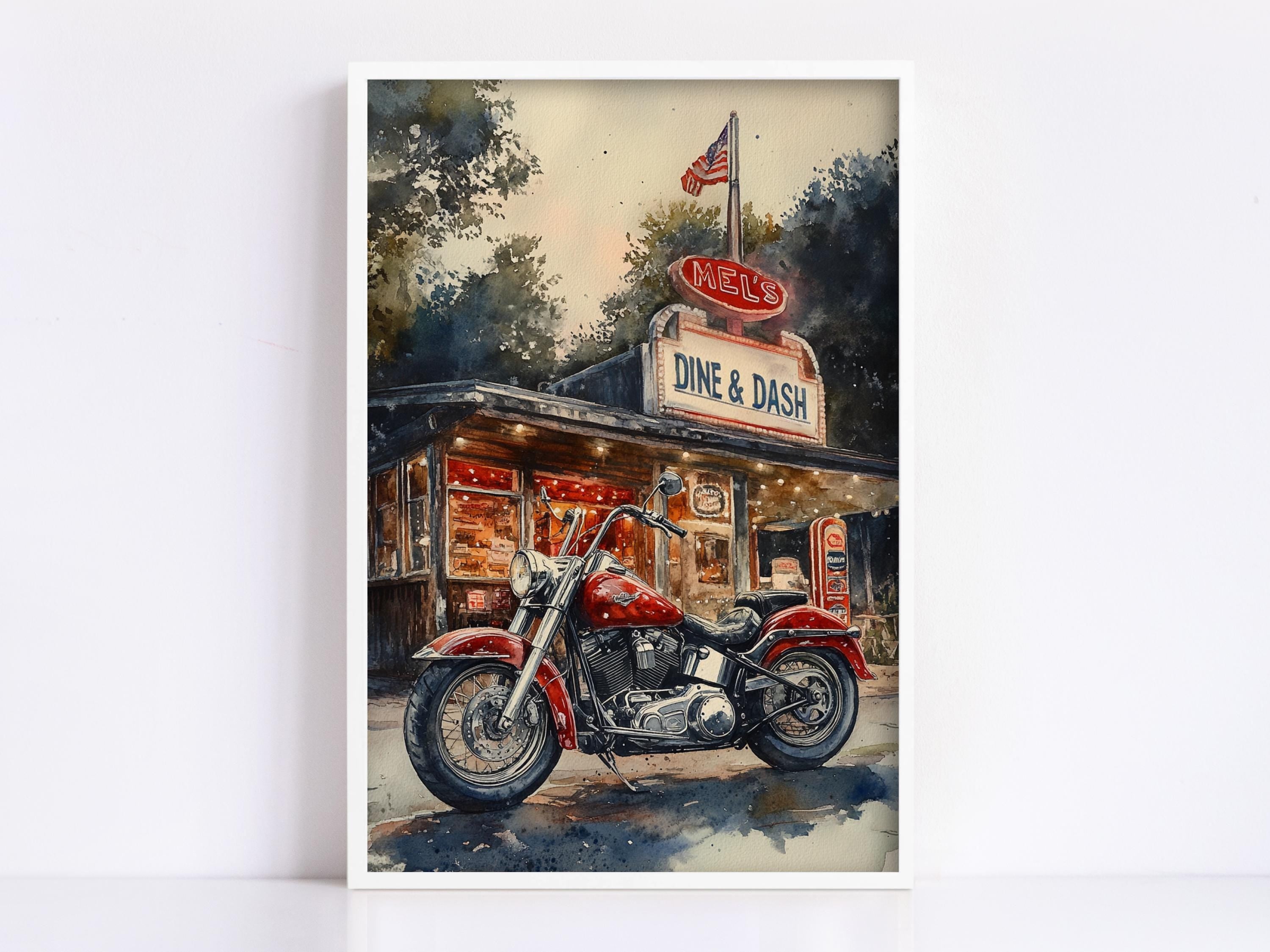 A red motorcycle parked in front of a diner named "Mels Diner & DASH", with a flagpole displaying an American flag above the diner.