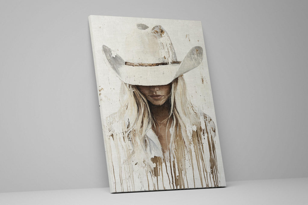 a painting of a woman wearing a cowboy hat