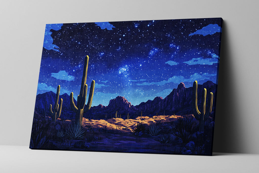 a painting of a night sky with stars above a desert landscape