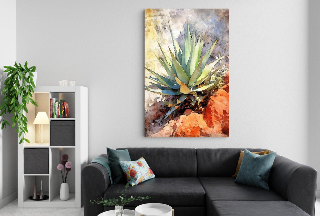 a modern living room with a gray sectional sofa, a bookshelf with decorative items, and a large abstract painting of a cactus plant hanging on the wall.