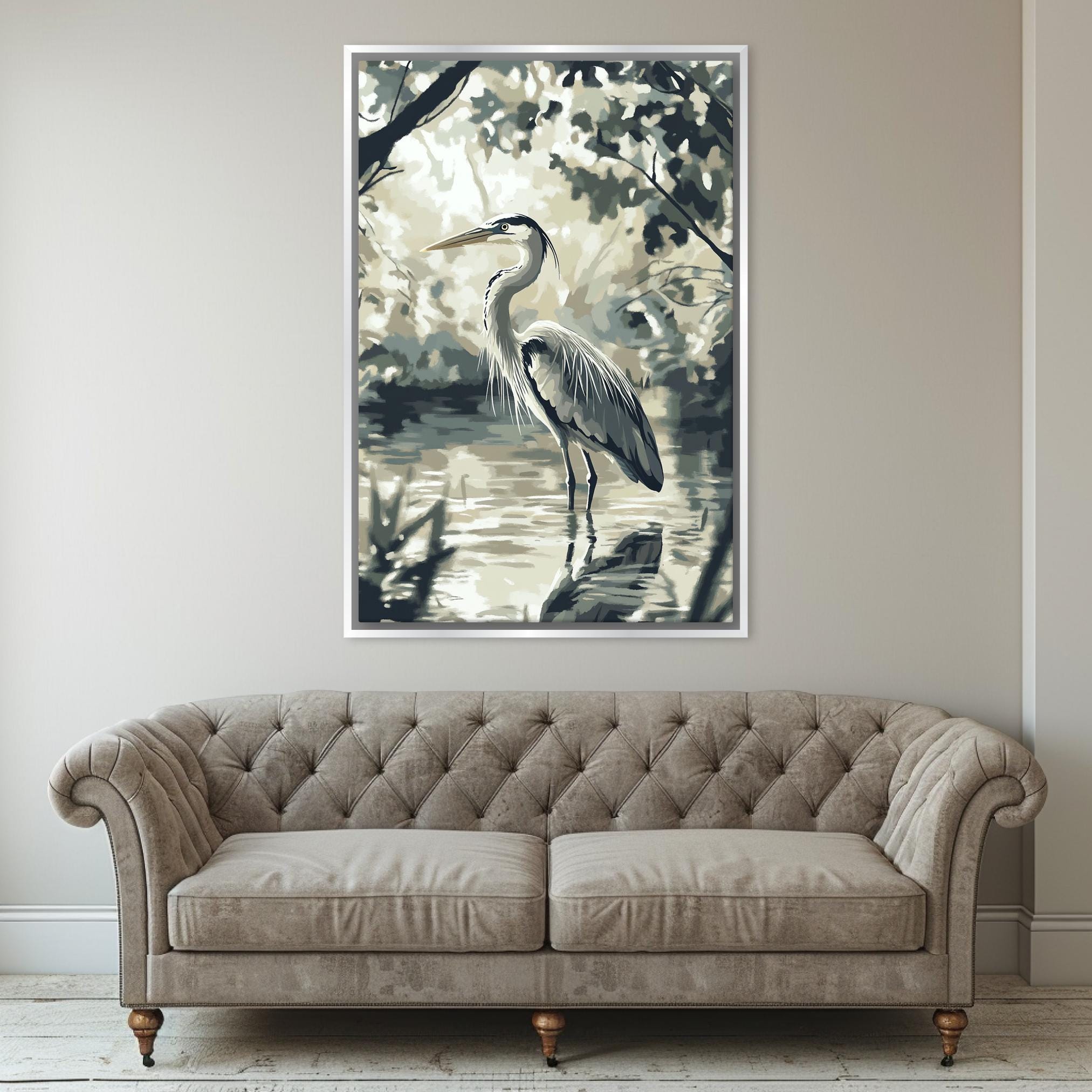 a living room with a couch and a painting on the wall