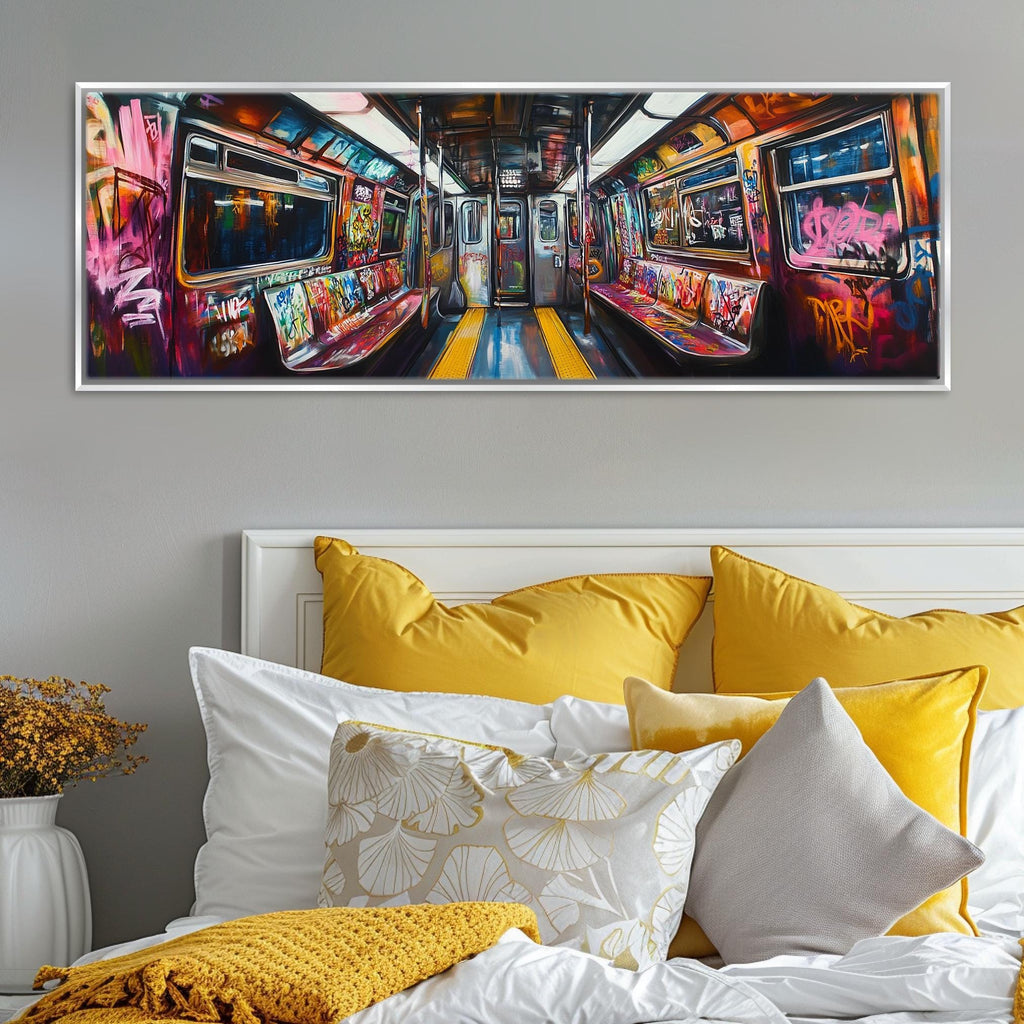 a painting of a subway car on a wall above a bed