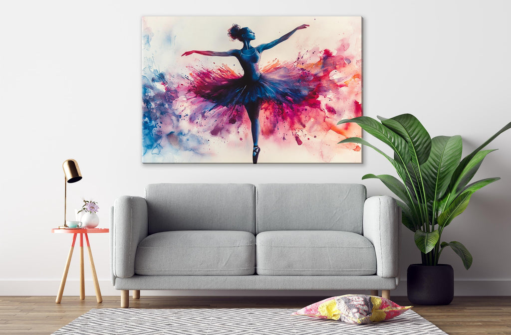 a gray sofa, a potted plant, and a painting of a ballerina on the wall.