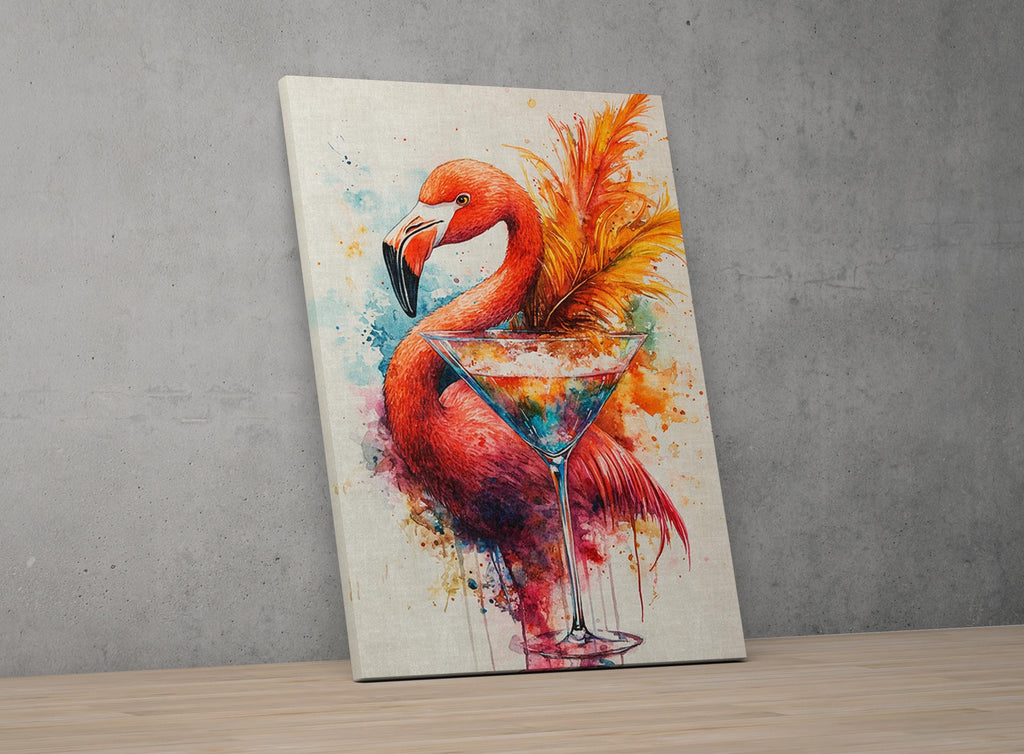 A vibrant painting of a flamingo standing next to a martini glass, with splashes of color and a lively, energetic composition.