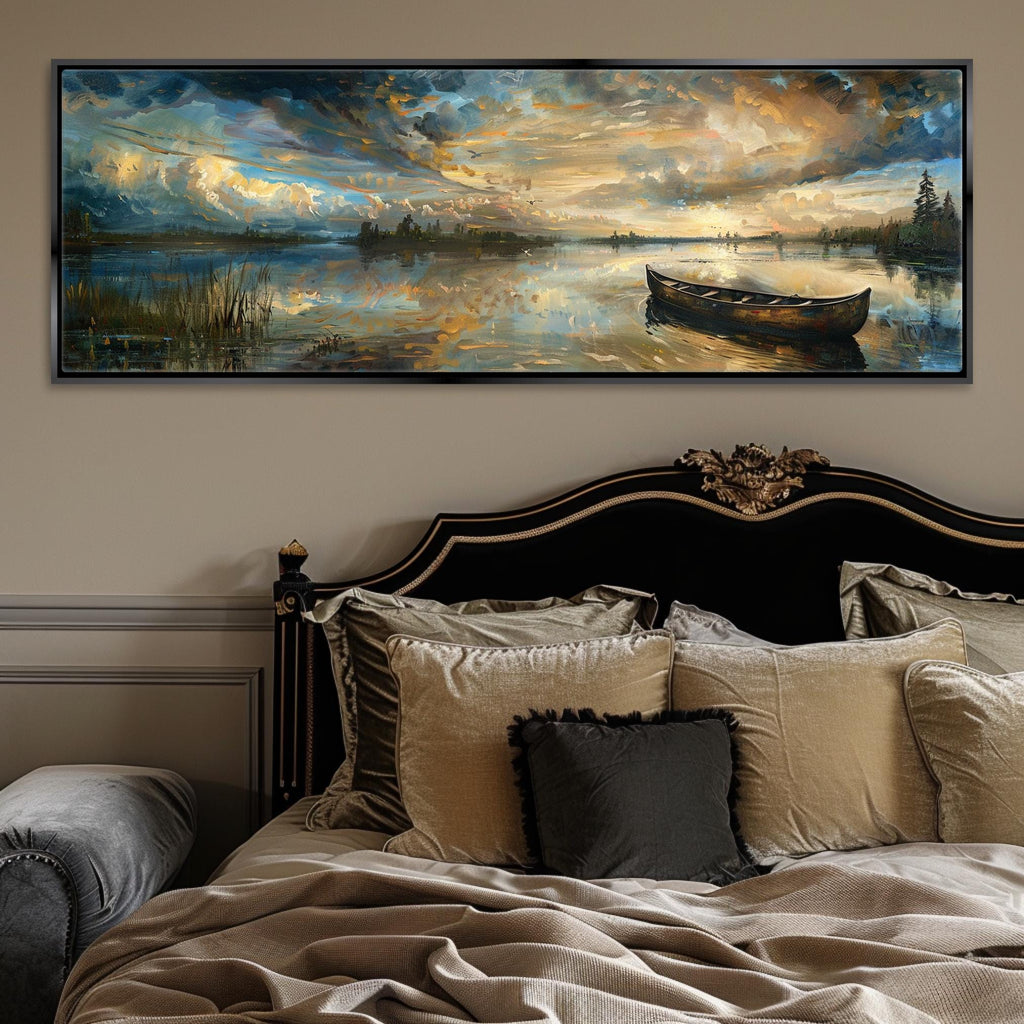 a painting of a boat on a lake