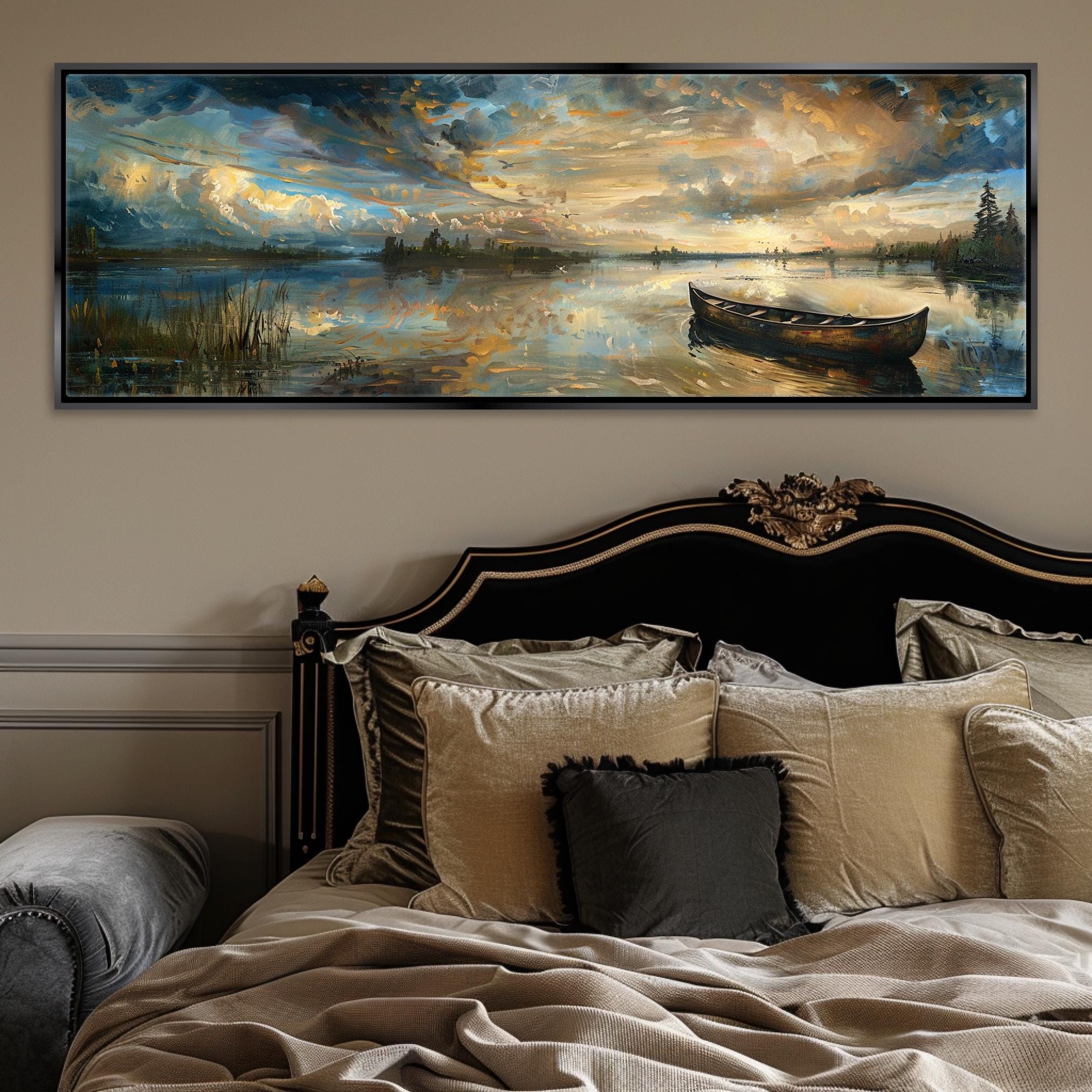 a painting of a boat on a lake