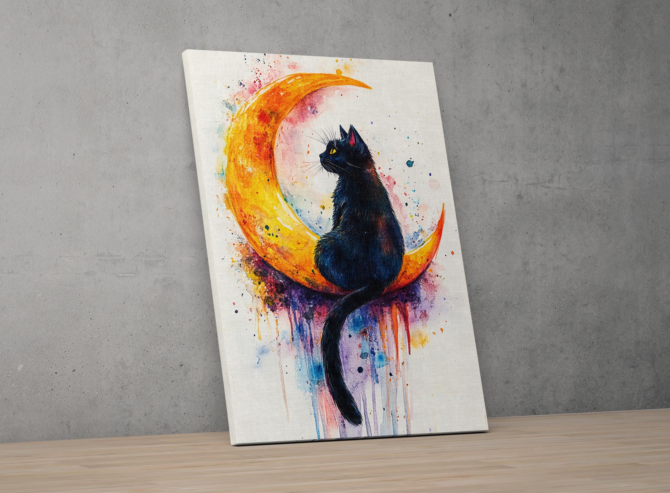 A black cat sitting on a crescent moon, with splashes of color surrounding it.