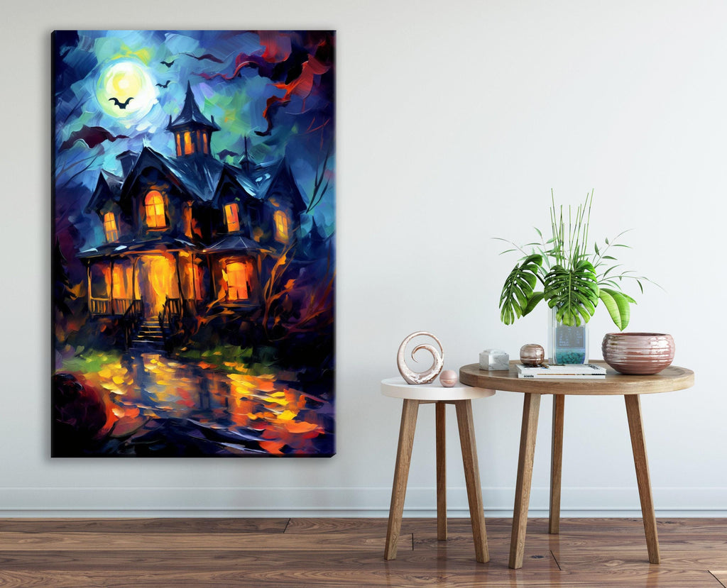 Halloween Haunted House Art – Large Canvas Wall Art | Spooky Home Decor, Gallery Wrapped