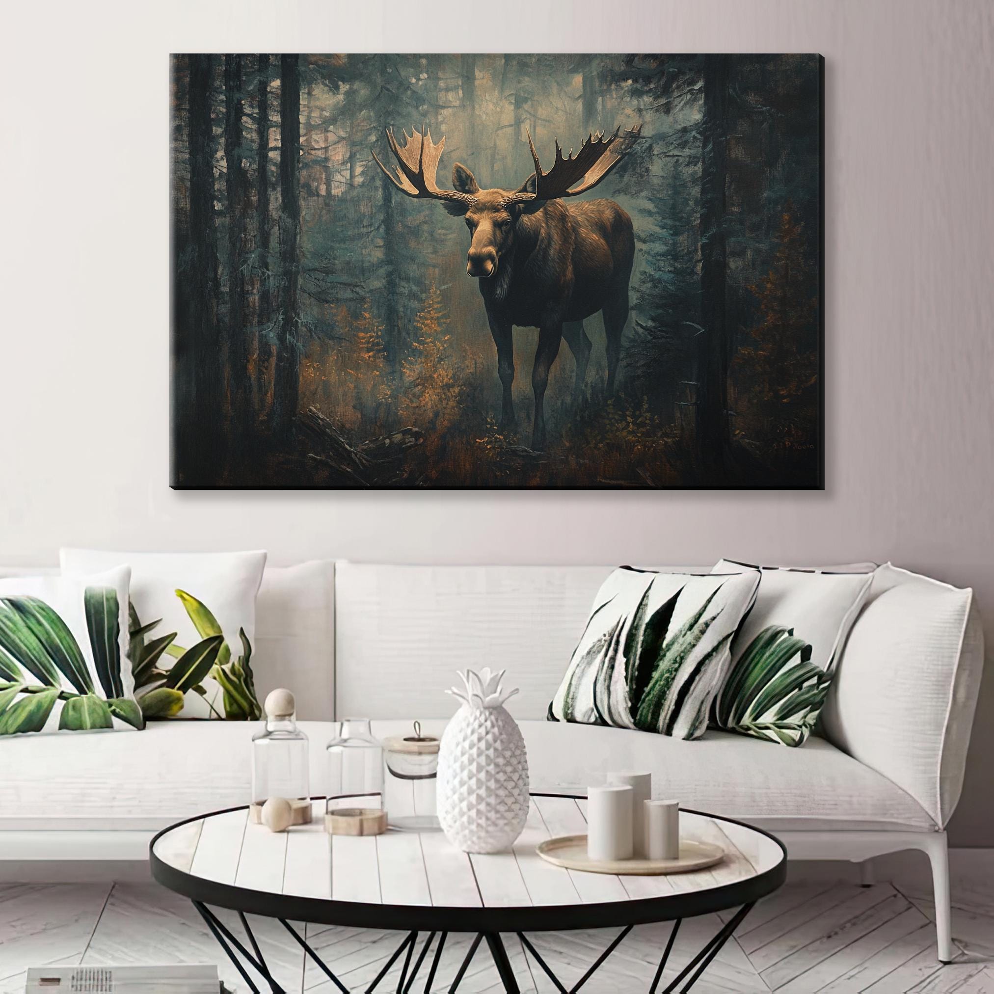 a painting of a moose in a forest