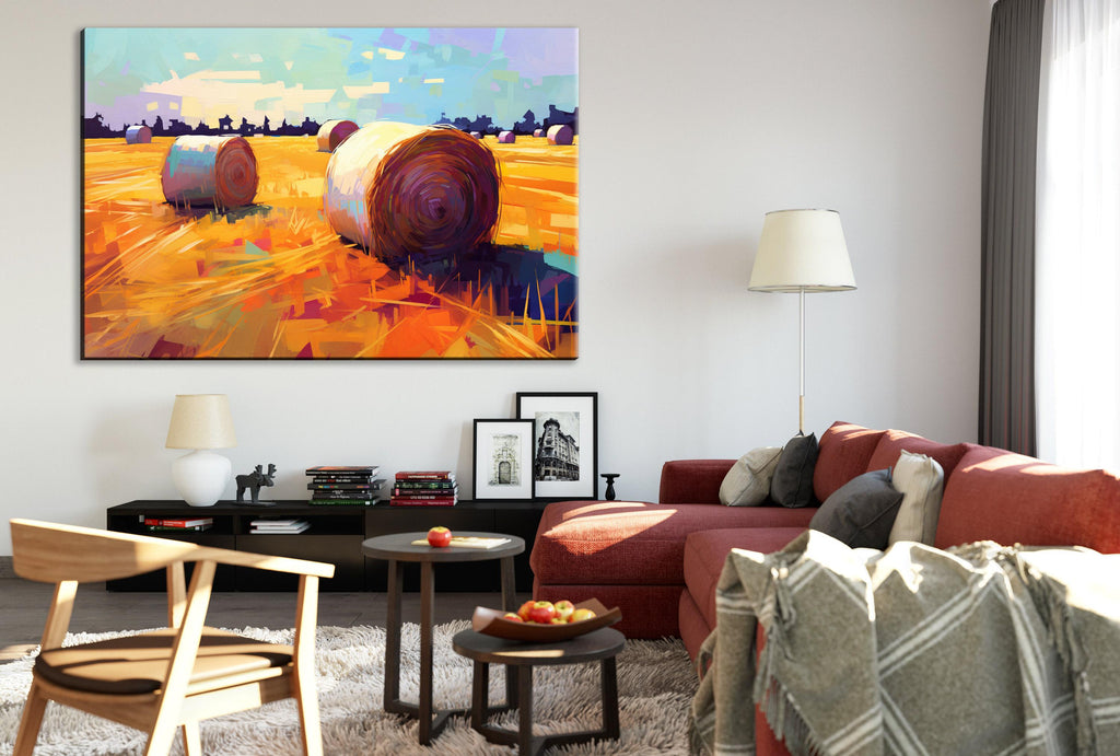 Farmhouse Canvas Art - Rustic Wall Decor | Large Farm Field Painting on Gallery Wrapped Canvas