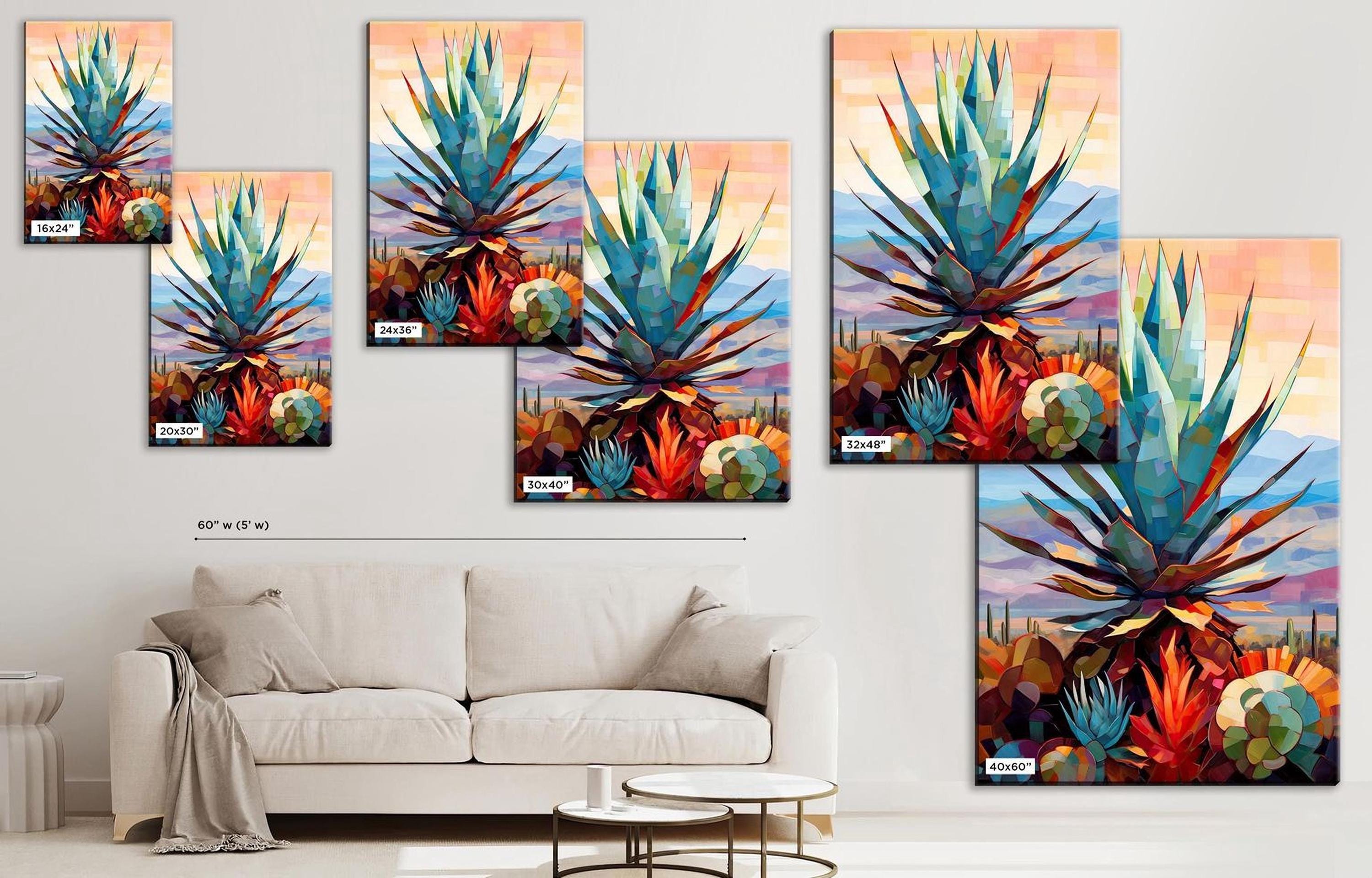 The image is a living room with a white sofa and a coffee table. There are several framed paintings of colorful cacti and succulents displayed on the wall above the sofa.