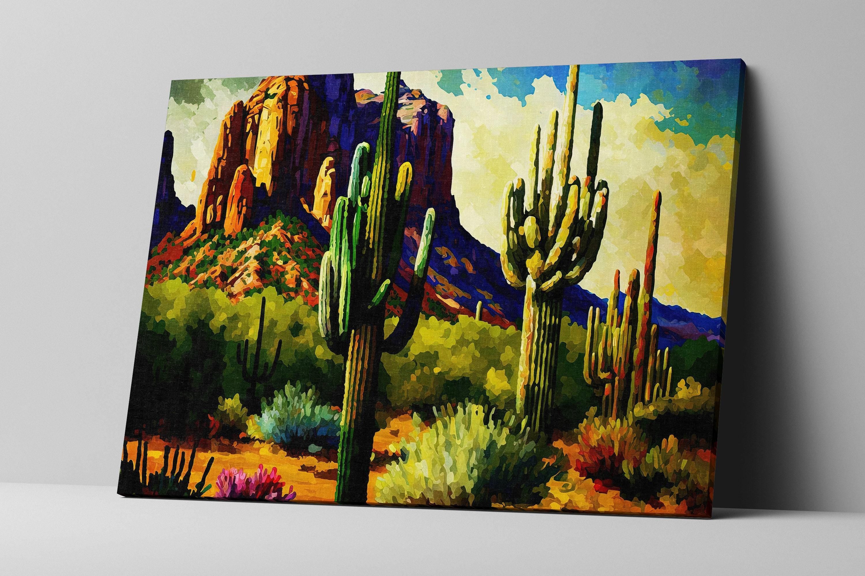 The image is a painting of a desert landscape with cacti and mountains in the background.