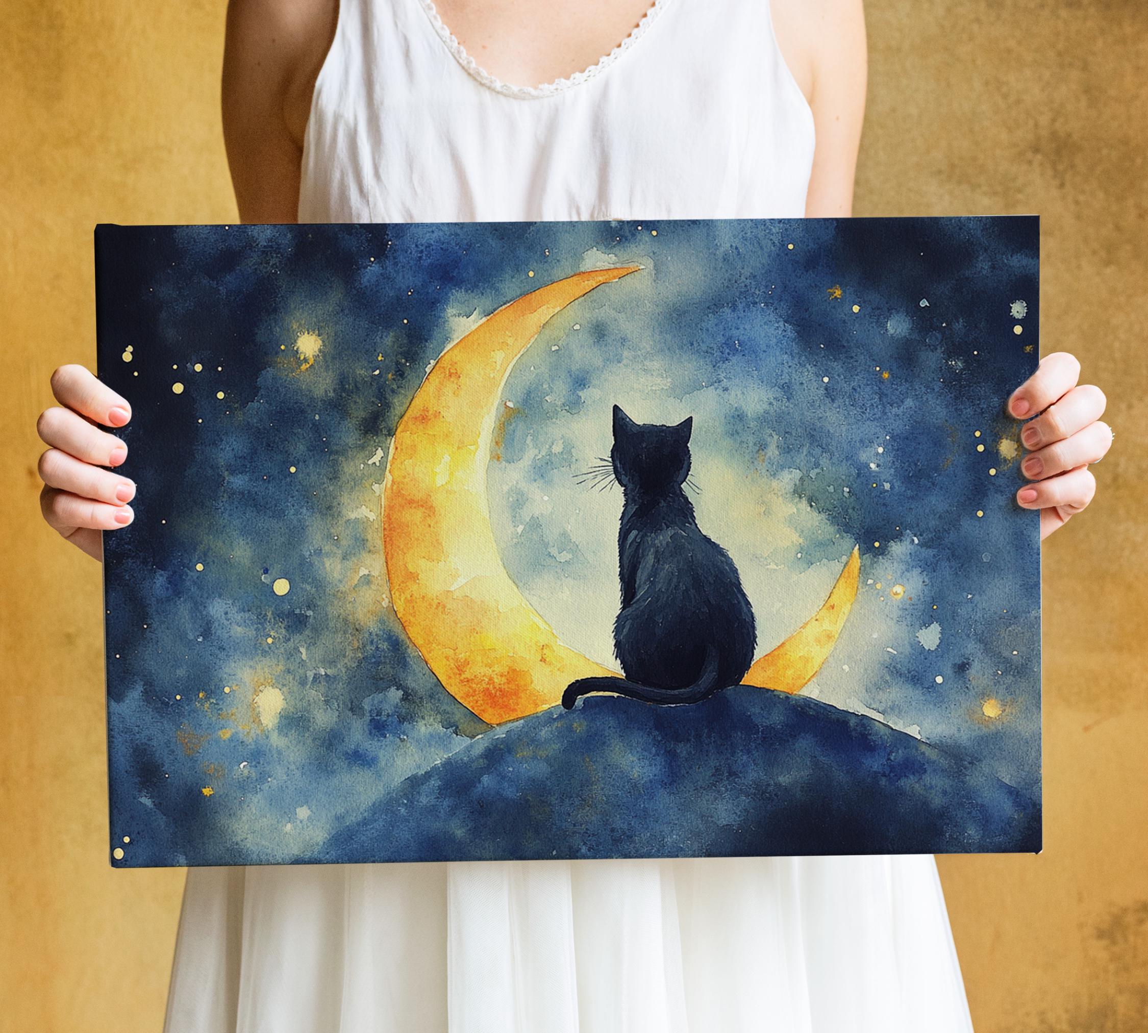 A woman holds a painting of a black cat sitting on a crescent moon, gazing up at the night sky.