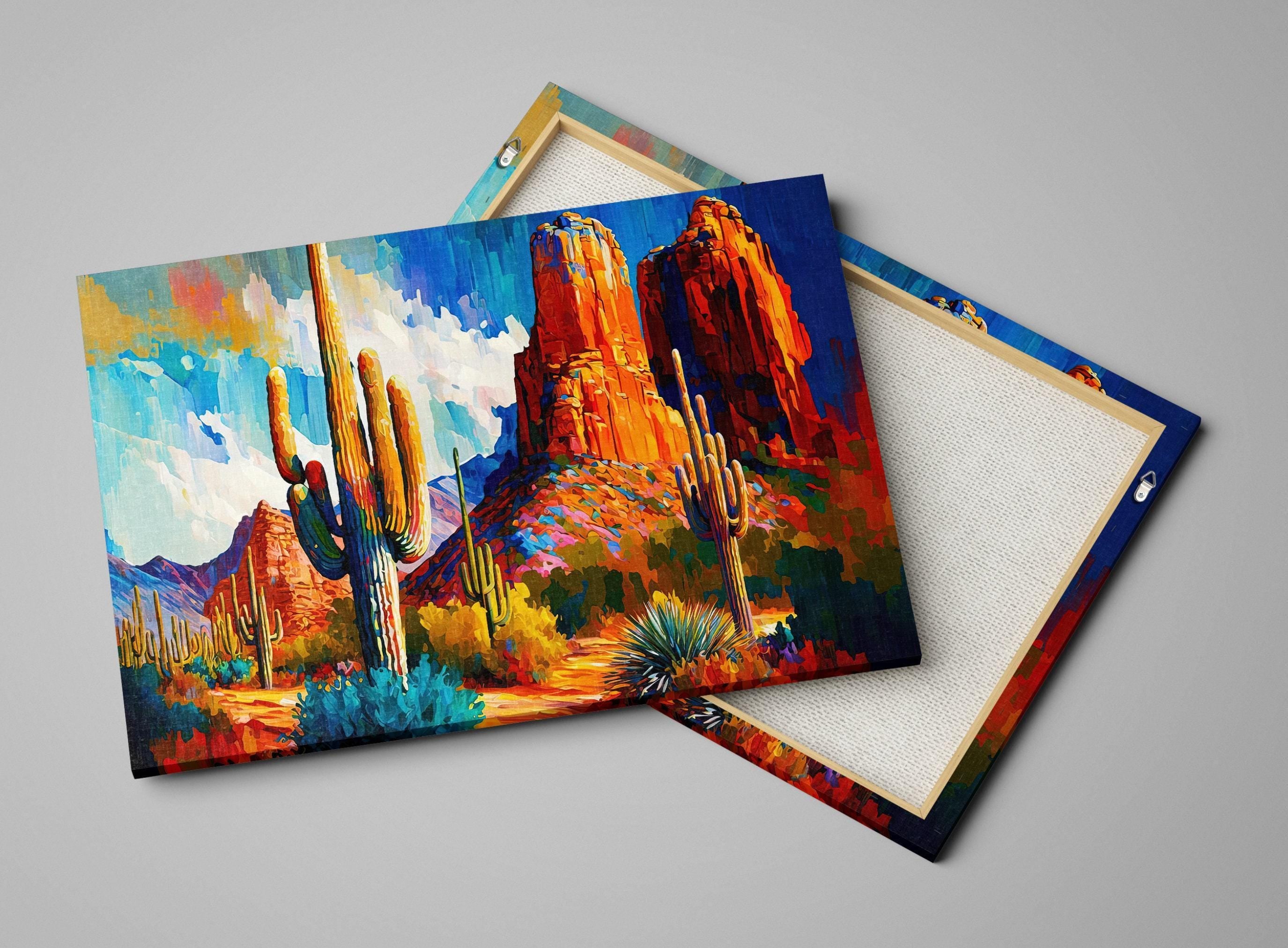 The image is a vibrant painting depicting a desert landscape with towering red rock formations, cacti, and a clear blue sky.