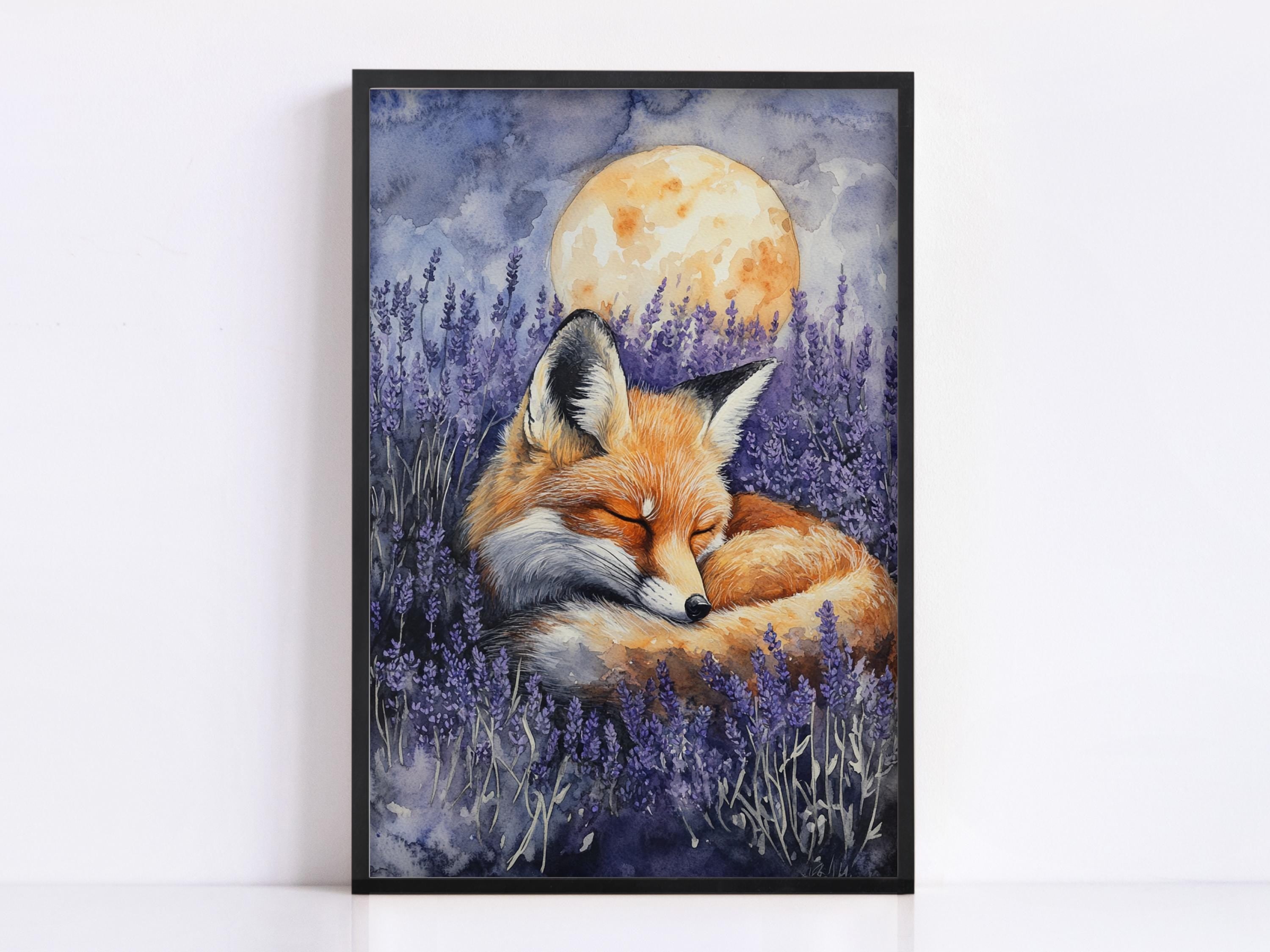 A framed painting depicting a sleeping fox curled up in a field of purple flowers, with a large full moon in the background.