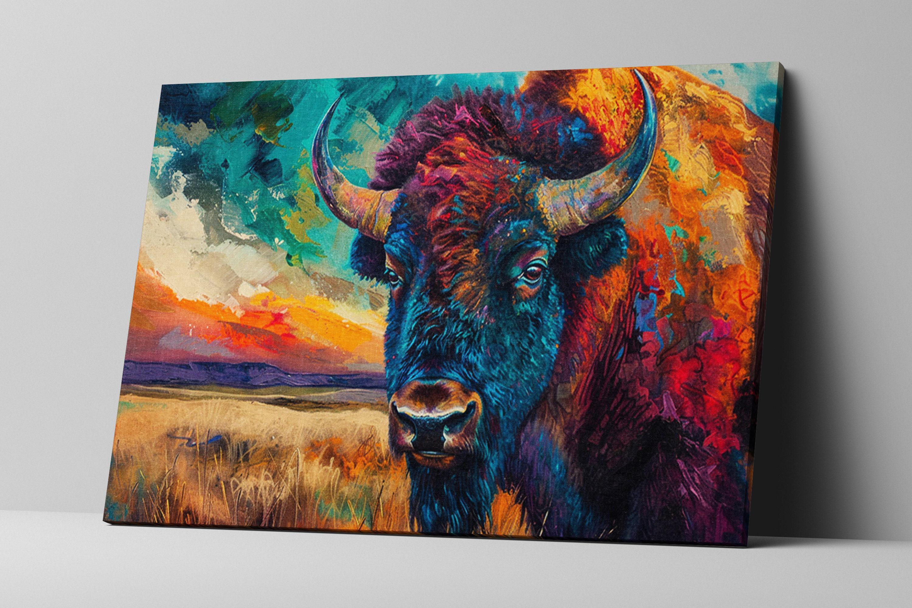 A vibrant painting depicting a close-up of a bison's face, with bold colors and brushstrokes creating a dynamic and expressive representation of the animal.