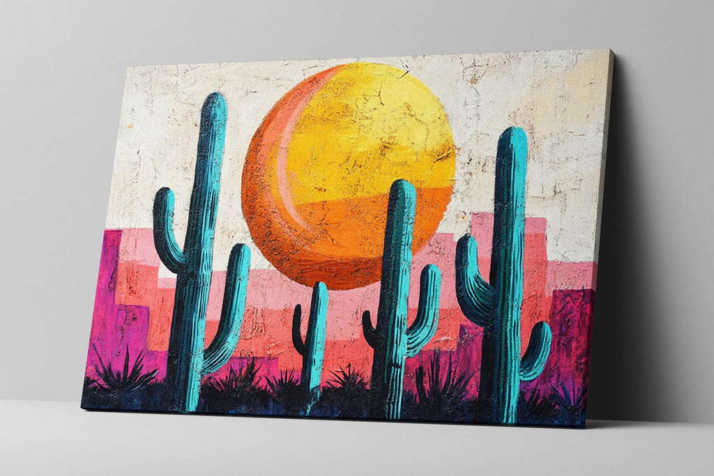 a painting of a desert scene with cactus trees