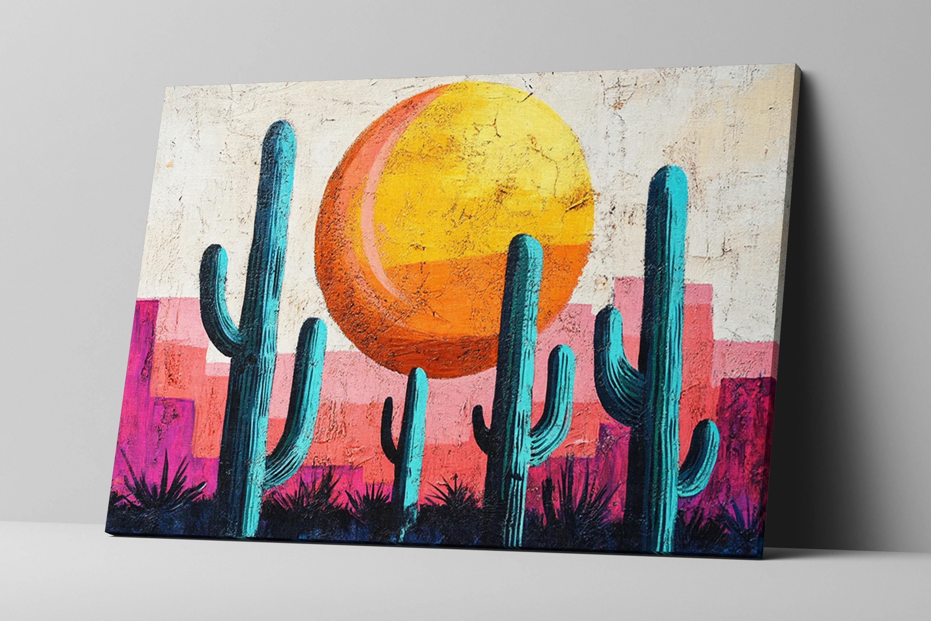 a painting of a desert scene with cactus trees