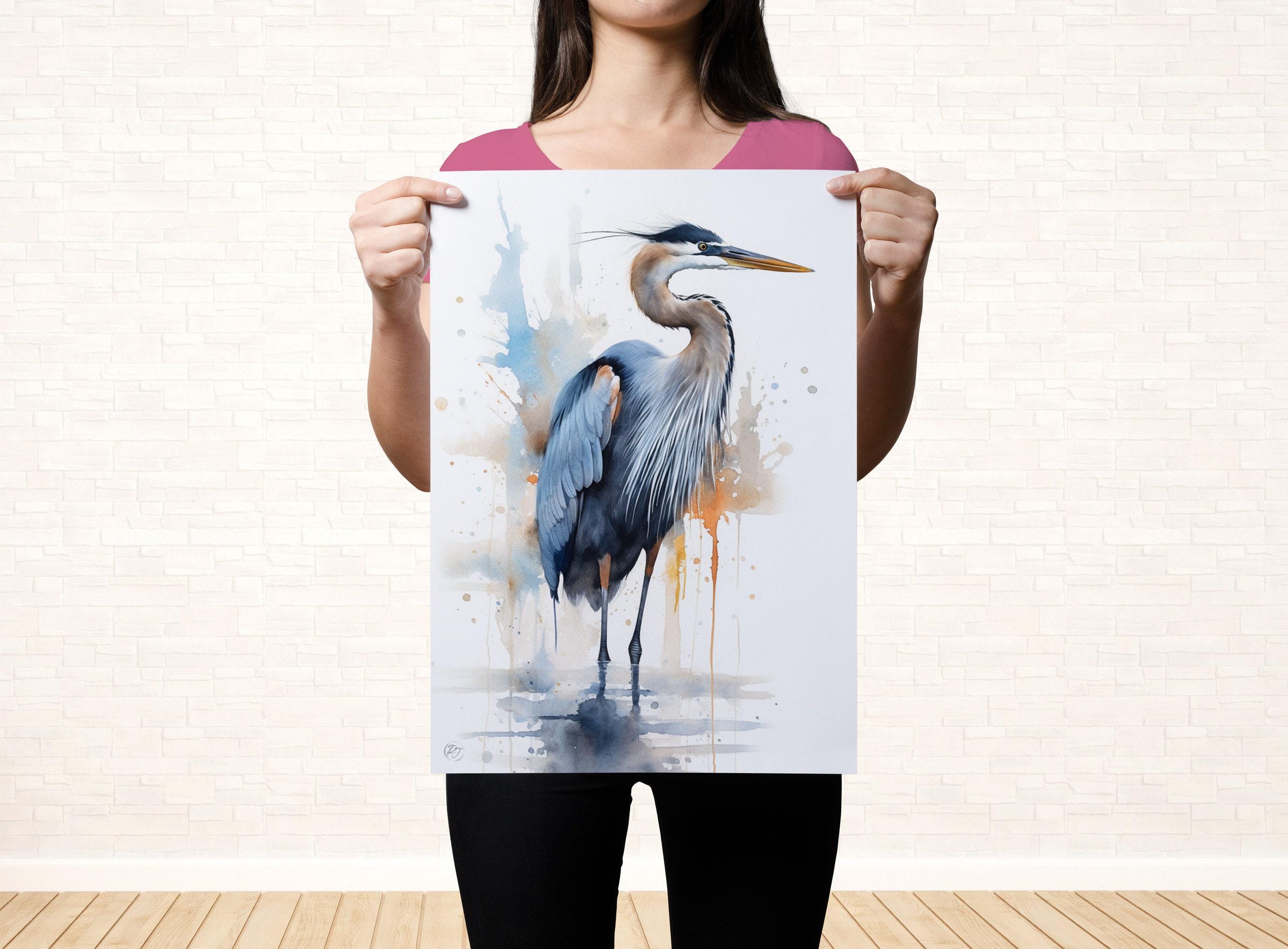 Blue Majesty: Blue Heron Watercolor Wall Art, Giclee Print on Canvas, Artist Paper, Watercolor Paper, Available in Extra Large Sizes