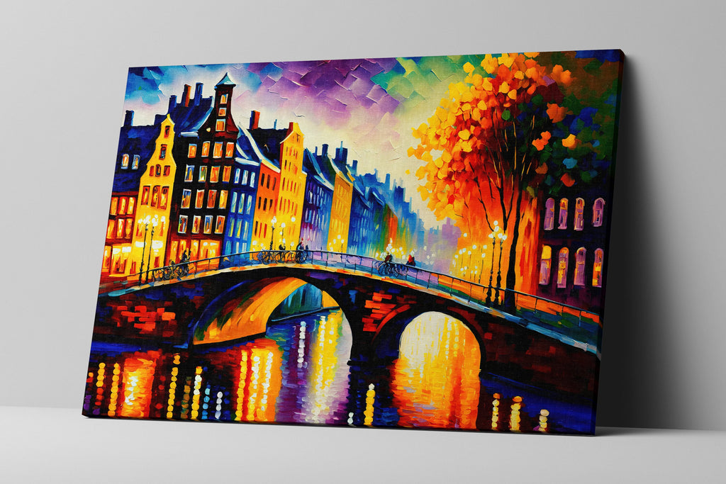 Amsterdam Canvas Art – Bridges of Amsterdam Vibrant Cityscape Painting on Gallery Ready Canvas