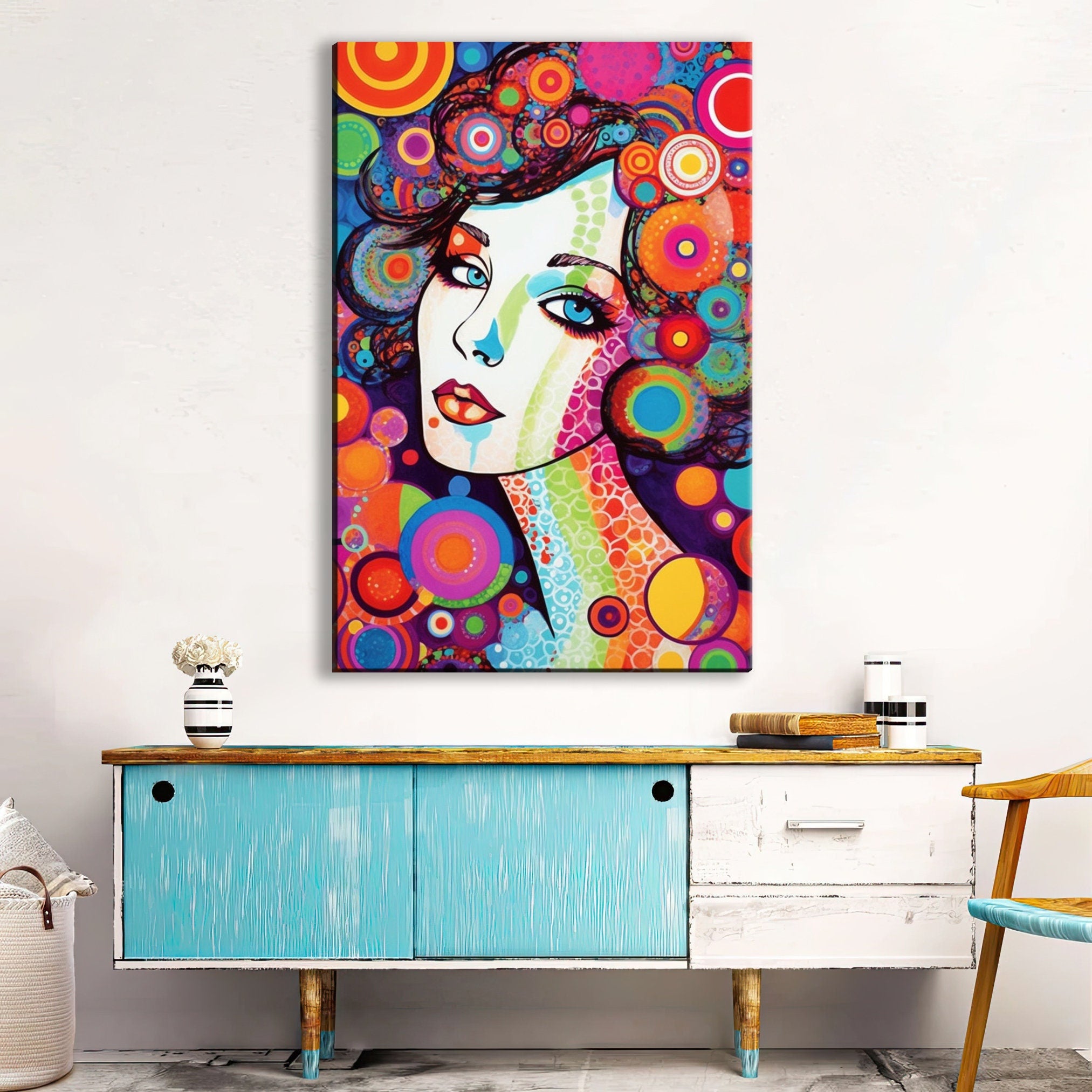 Retro Glam Canvas Art - Large Feminine Beauty Painting | Expressive Woman Face Pop Art