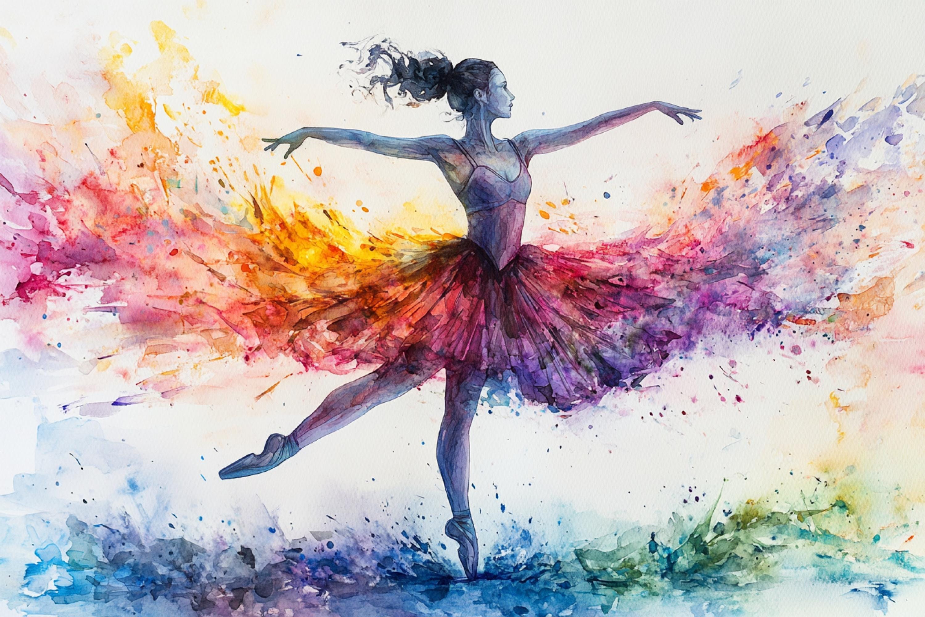 A watercolor painting depicting a ballerina in a colorful tutu performing a graceful dance pose.