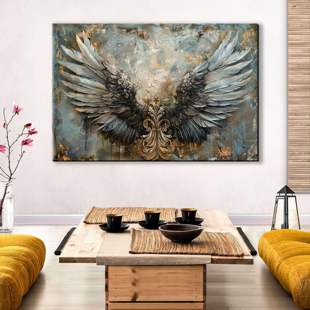 Angel Wings Wall Art – Large Canvas Art | Blue and Gold Painting, Ornate Feather Design