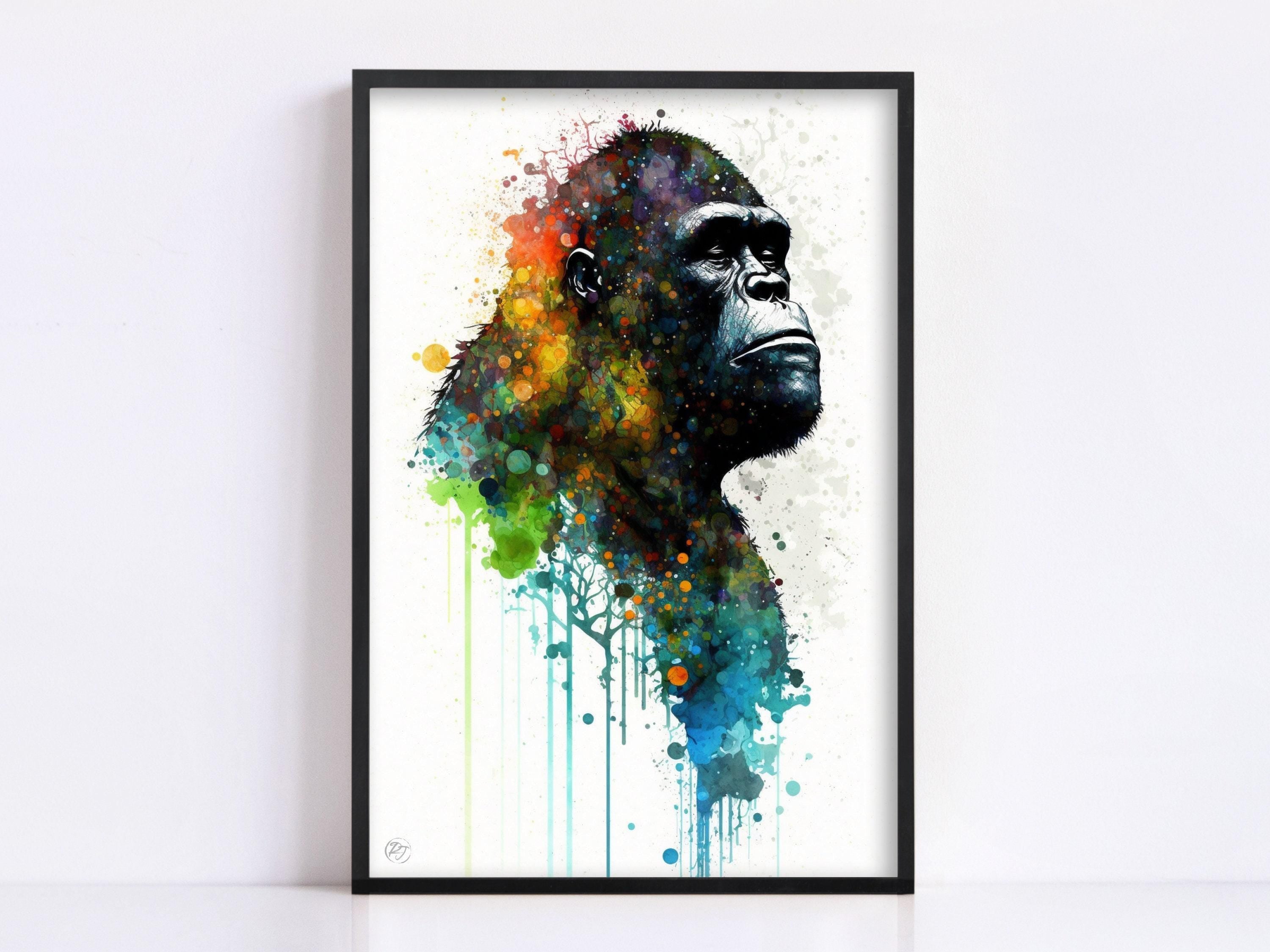 Wildlife Elegance: Gorilla Watercolor Painting, Giclee Print on Canvas, Artist Paper, Watercolor Paper, Available in Extra Large Sizes