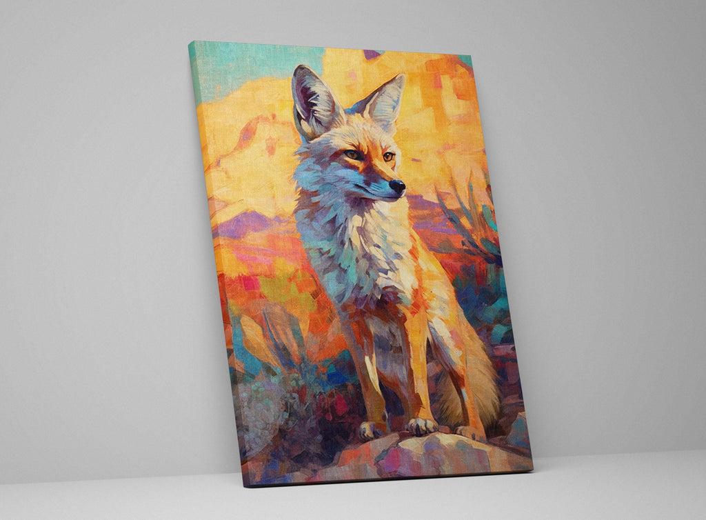 The image is a vibrant painting of a fox, featuring a mix of warm and cool colors, with a focus on the fox's fur and the background landscape.