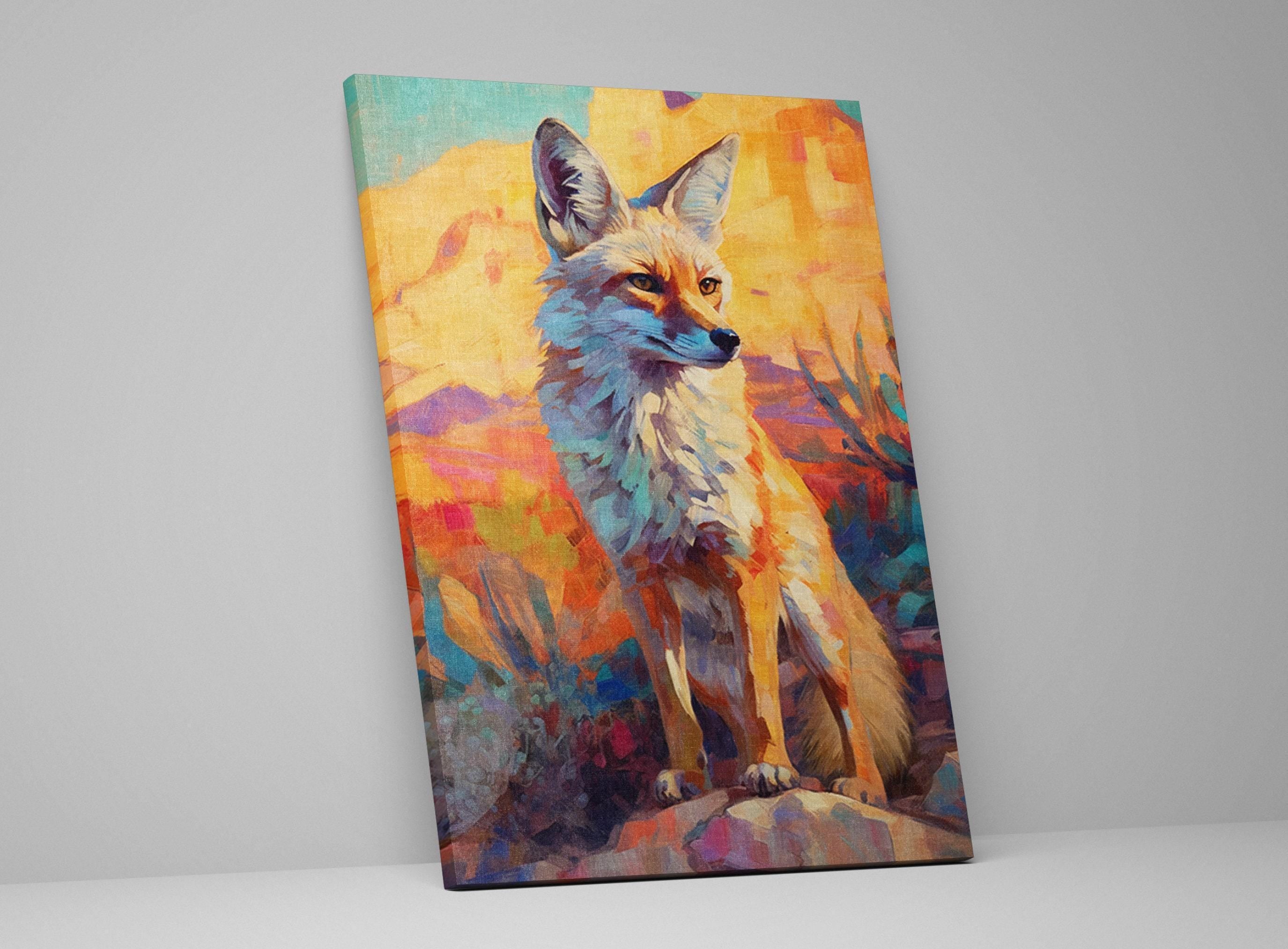 The image is a vibrant painting of a fox, featuring a mix of warm and cool colors, with a focus on the fox's fur and the background landscape.