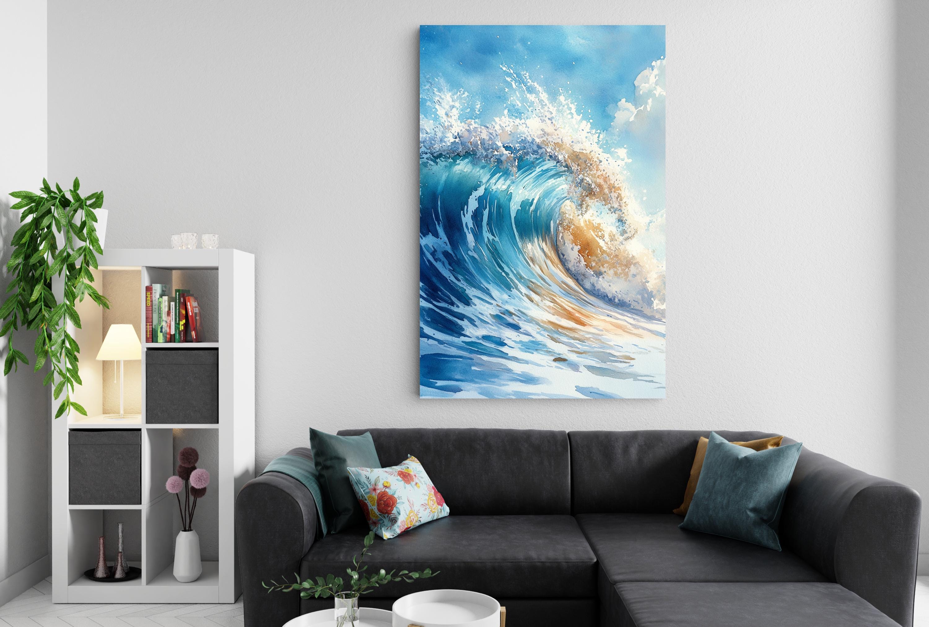 a living room with a black sectional sofa, a bookshelf, and a large painting of a crashing wave hanging on the wall.