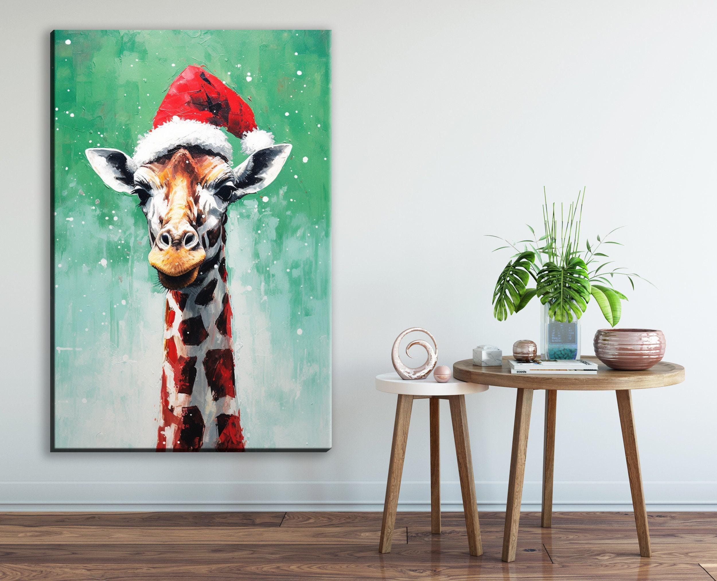 Holiday Giraffe Painting – Christmas Wall Art | Large Santa Hat Canvas Print