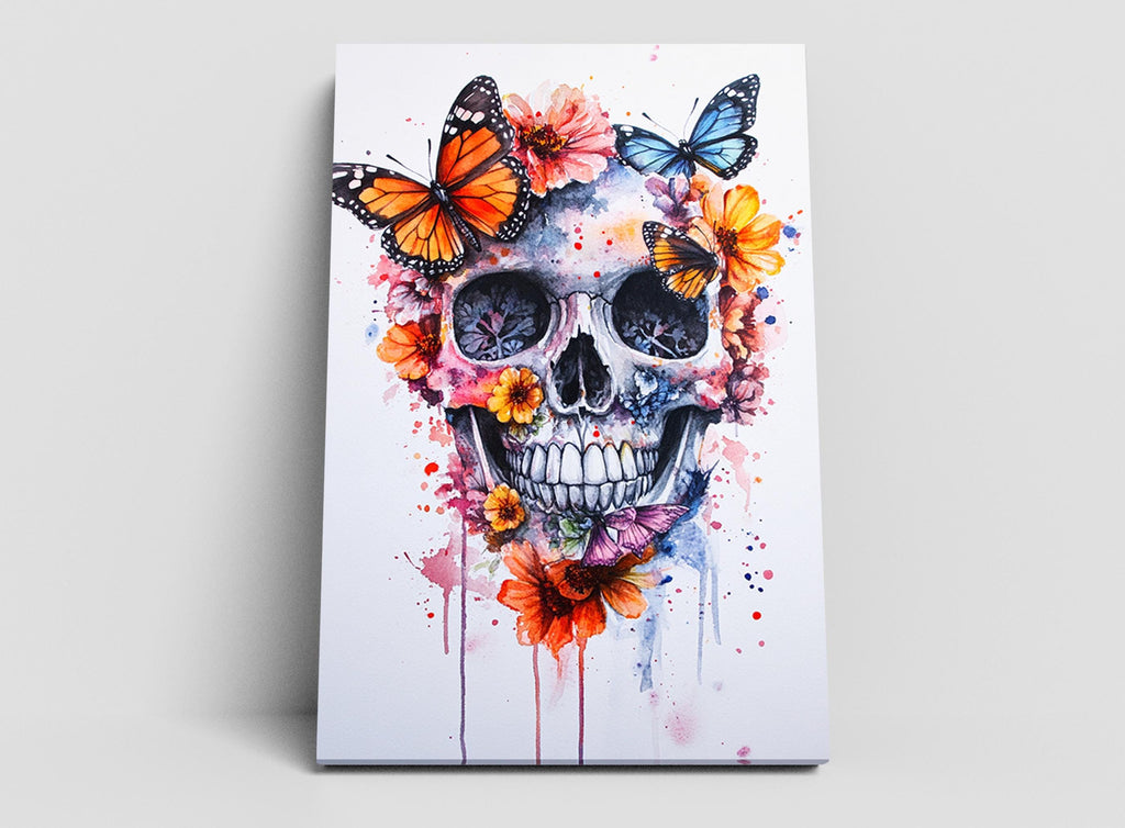 A colorful and vibrant illustration of a skull adorned with butterflies and flowers, creating a striking and eye-catching design.