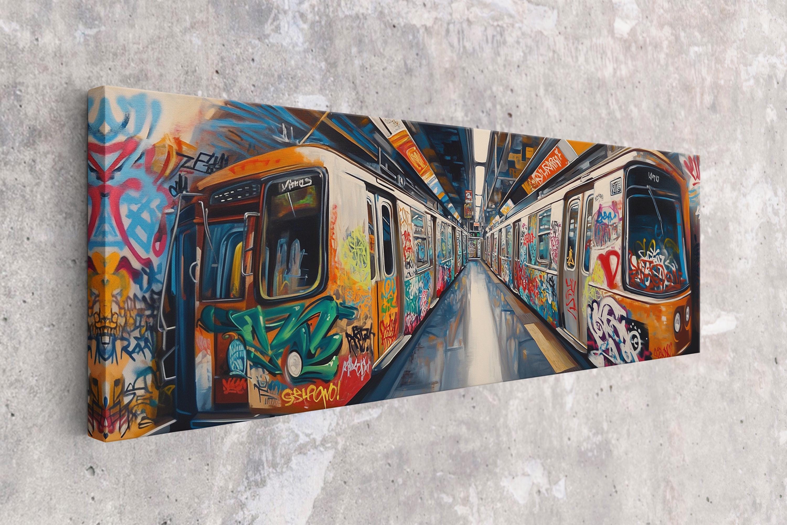 a painting of two trains on a wall