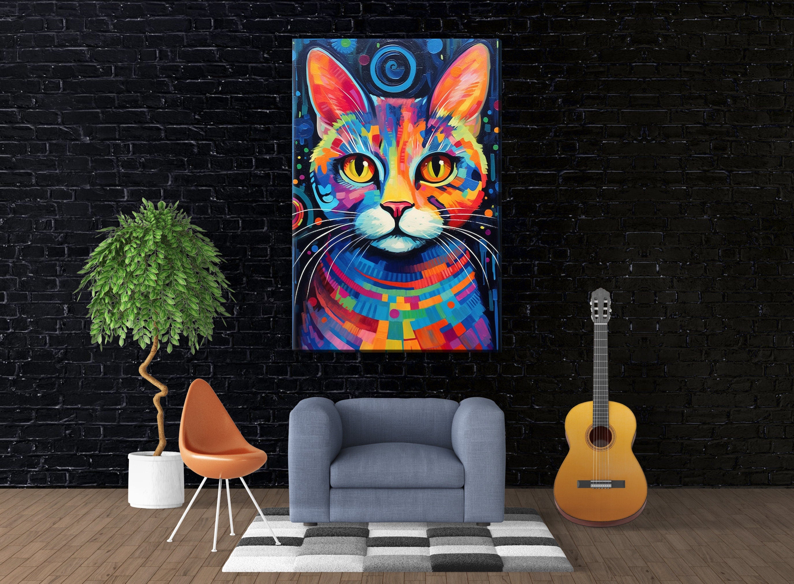 Colorful Cat Painting - Large Canvas Wall Art | Vibrant Pet Art, Expressive Cat Portrait