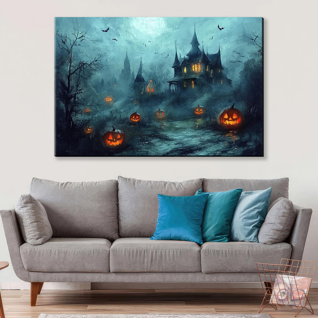 Haunted House Wall Art – Spooky Halloween Decor | Extra Large Framed Canvas