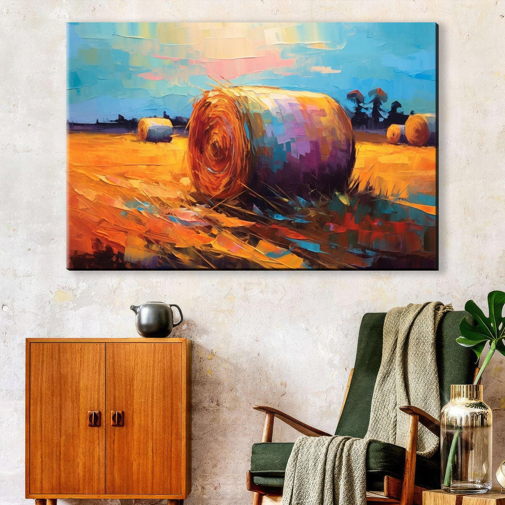 Hayfield Farm Landscape Art - Autumn Harvest Canvas | Large Rustic Wall Decor