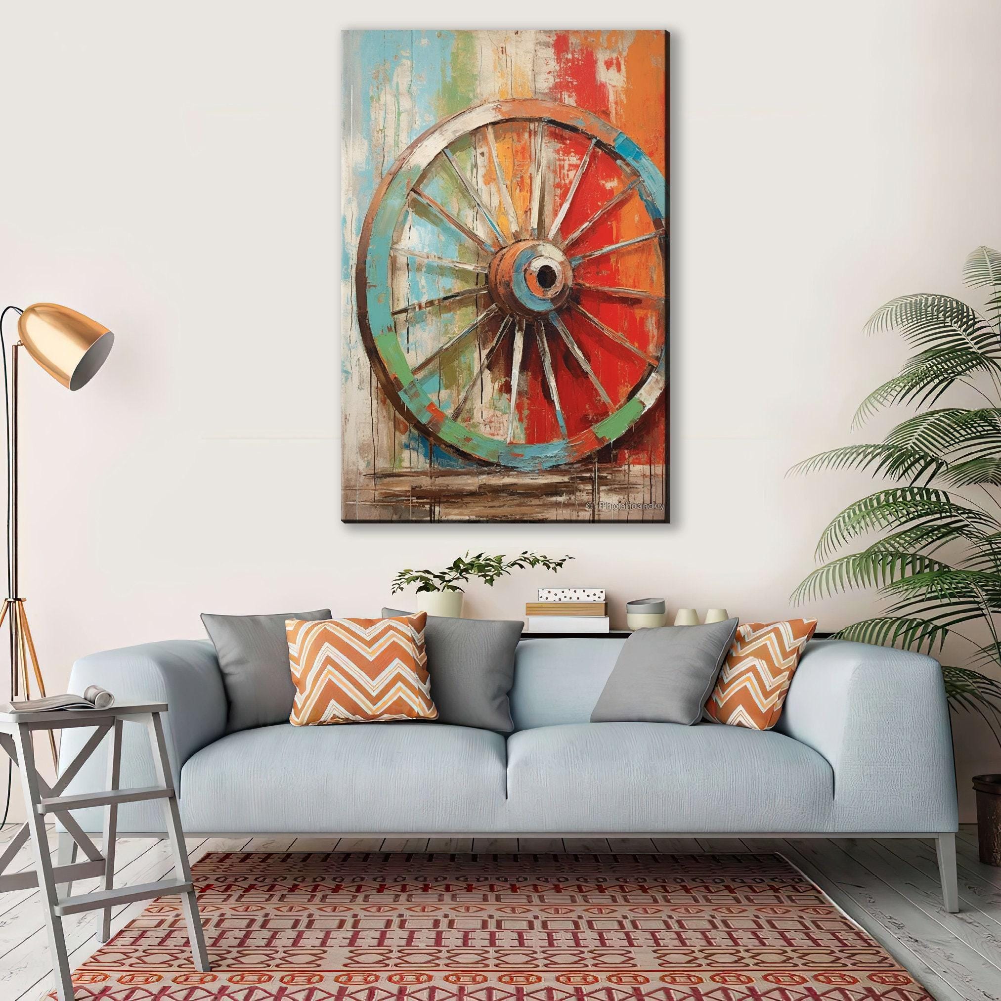 Wagon Wheel Wall Art – Rustic Elegance Farmhouse Canvas Art, Large Gallery Wrapped Print