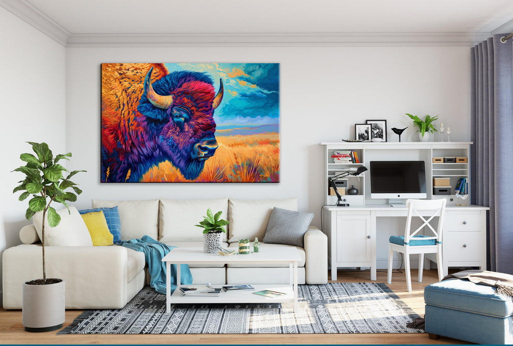 Bison Wall Art | Large Canvas Wall Art – Colorful Buffalo Painting with UV Coated Canvas Print