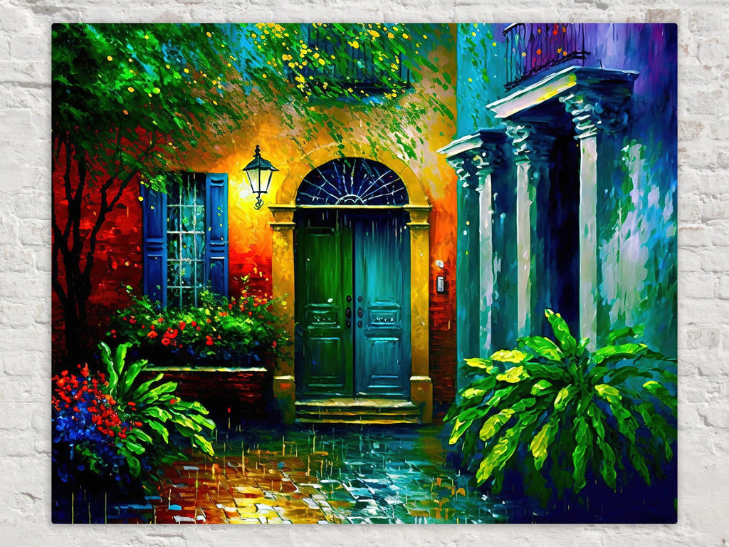 The image is a vibrant and colorful painting depicting a charming, old-fashioned house with a green door, arched windows, and a balcony. The house is surrounded by lush greenery, including potted plants and flowers, creating a serene and inviting atmosphere. The painting showcases the beauty of the house and its surroundings, with the use of bright colors and detailed brushstrokes bringing the scene to life.